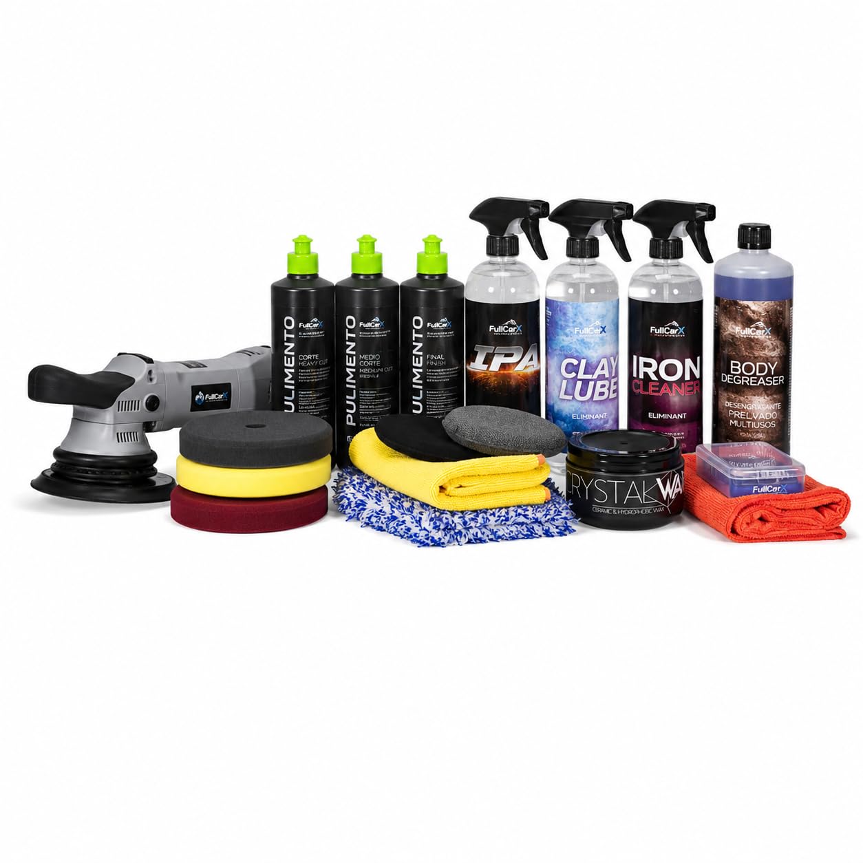 AutoFullCar – ULTRA POLISH KIT FullCarX | Kit Pulido y Encerado Profesional Coche 21mm | Descontaminado, Pulido 3 Fases, Cera Crystal Wax, Claybar, IPA