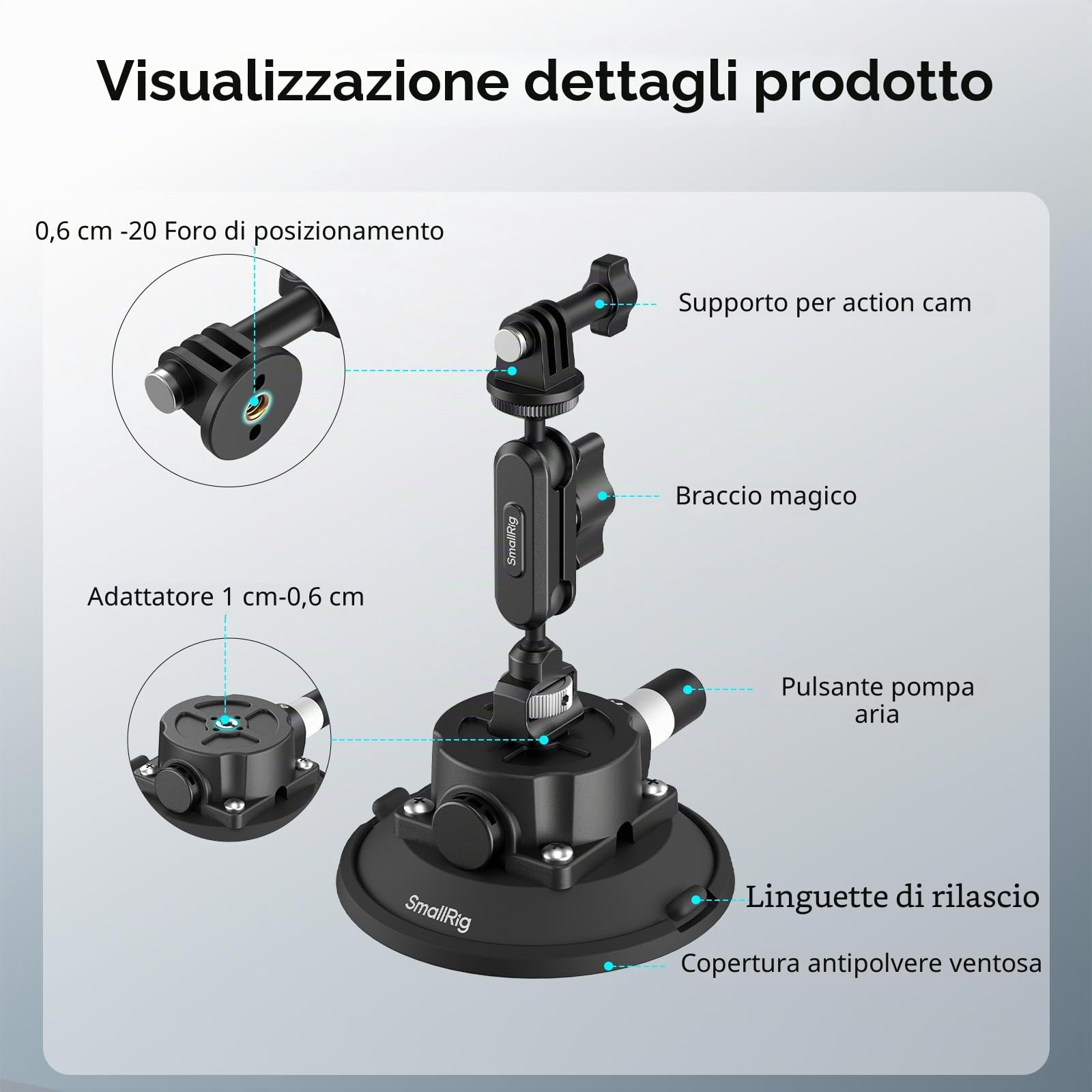 SMALLRIG Supporto a Ventosa da 4,5" con Braccio Bagico a Testa Sferica, Supporto per Action Cam per DJI Osmo Action 5 Pro/4, per Insta360 x5, per GoPro 13/12, Capacità di Carico 1,5 kg, 5855