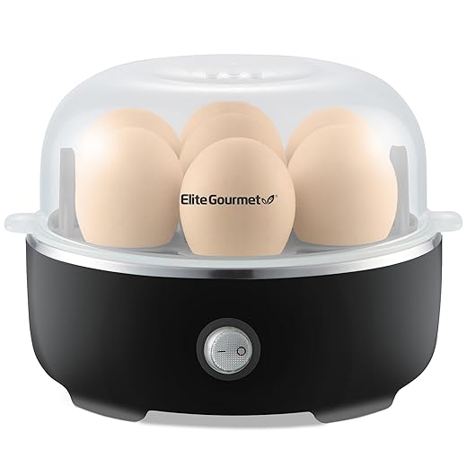 Elite Gourmet EGC115B Easy Egg Cooker Electric 7-Egg Capacity, Soft, Medium, Hard-Boiled Egg Cooker with Auto Shut-Off, Measuring Cup Included, BPA Free, Classic Black