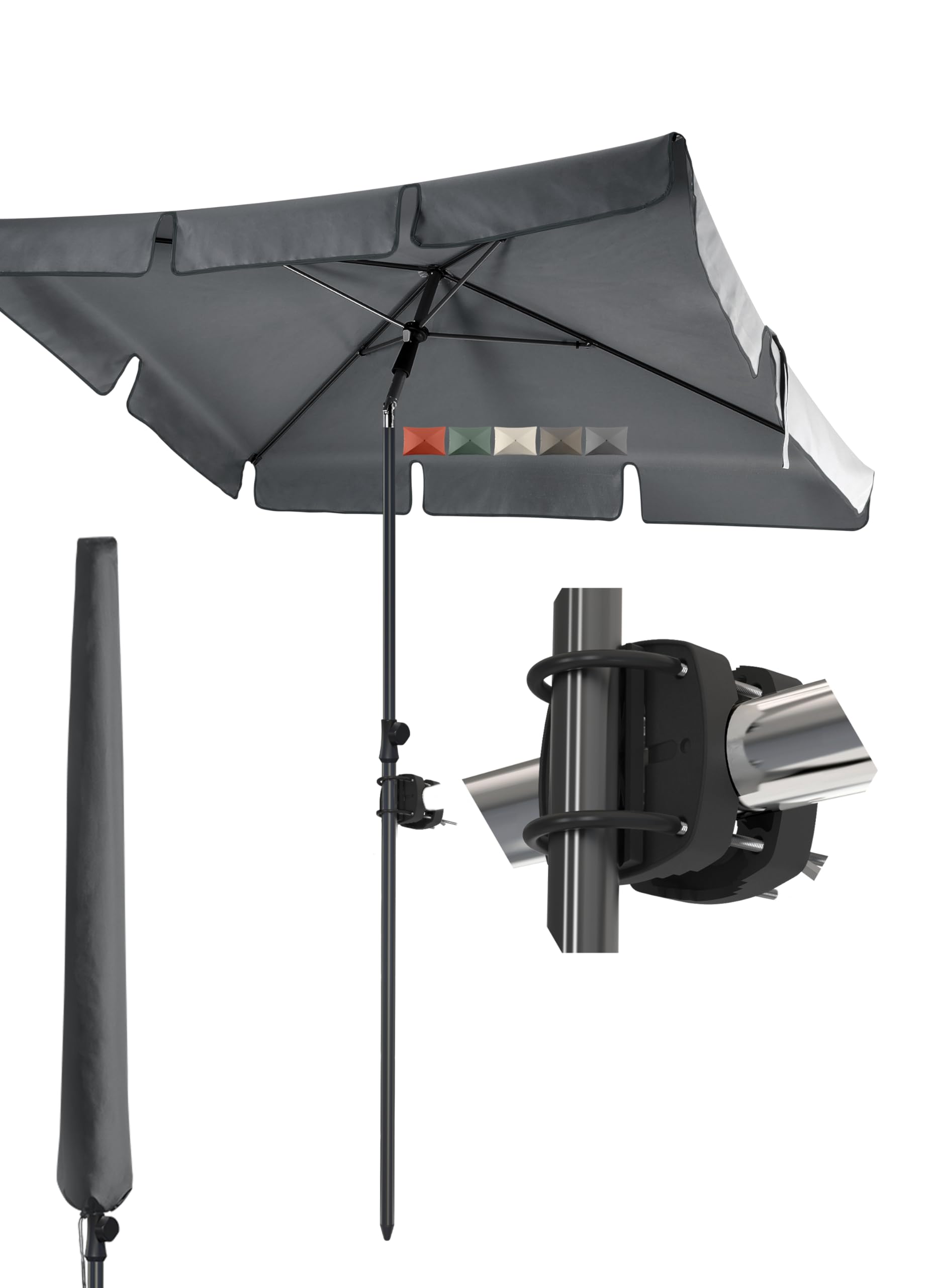 4smile Sonnenschirm Balkon SunnyShade, 3-in-1 SET, Anthrazit - UPF 50+ Sonnenschirm rechteckig 200 x 125 cm + Sonnenschirmhalter Balkongeländer + Sonnenschirmhülle - Sonnenschutz Balkon
