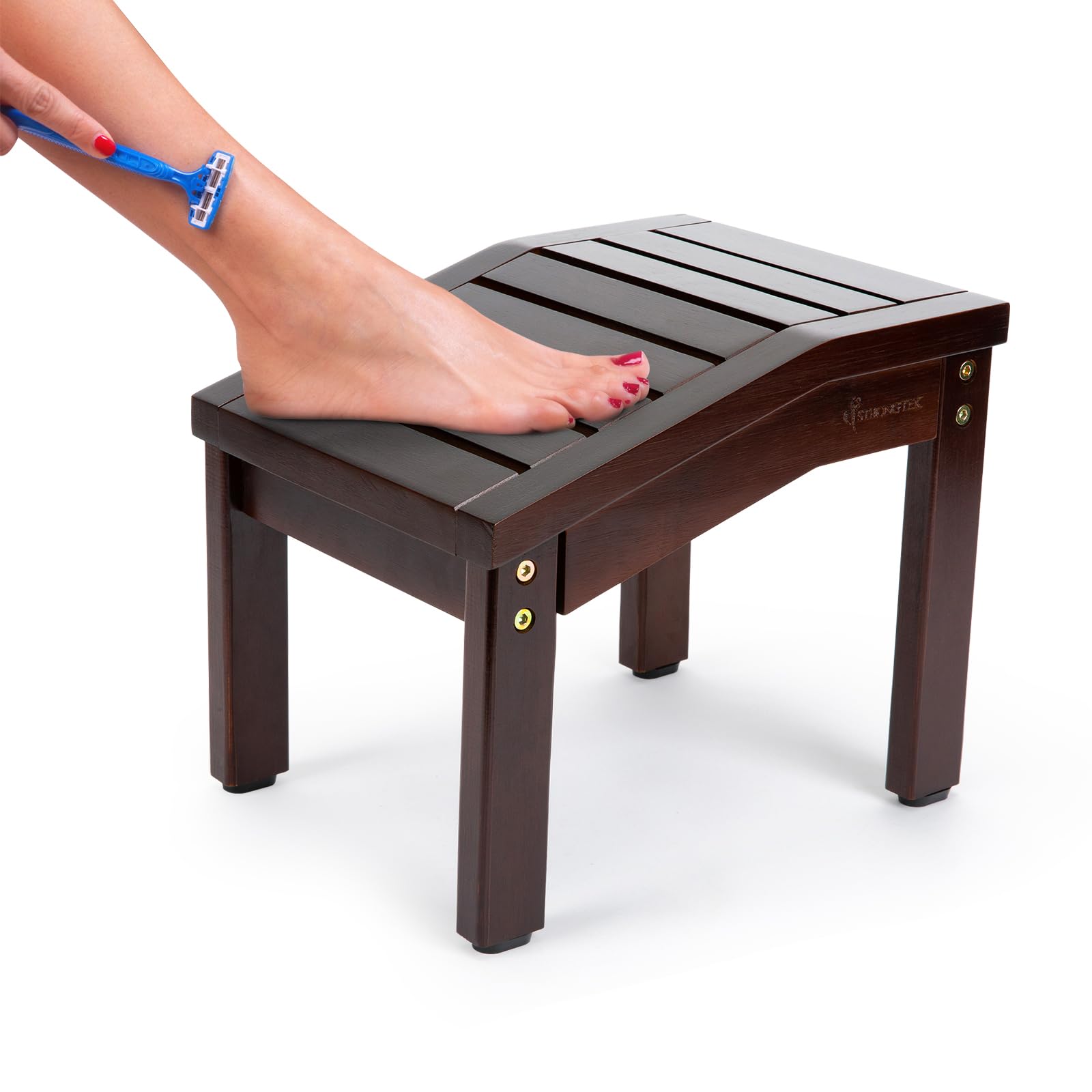 StrongTek Bamboo Shower Foot Rest for Shaving Legs, 9.5" High Corner Stool, Waterproof Step with Anti-Slip Bottom - Multi-Use Bathroom & Living Room Stool for Shaving & Pedicures
