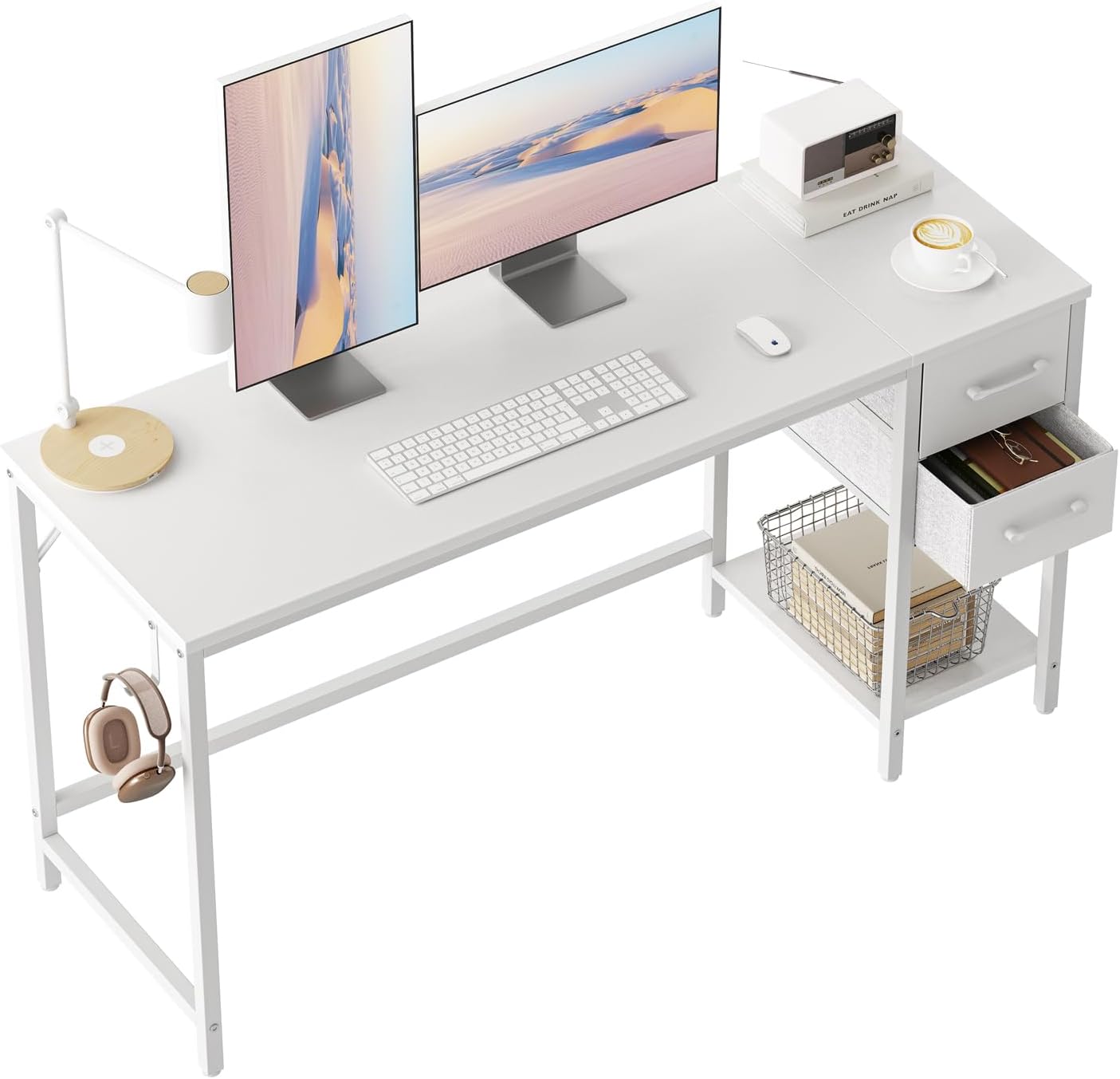 CubiCubi Computer Desk with 2 Drawers, 55 Inch Small Home Office Desk Study Writing Table, White