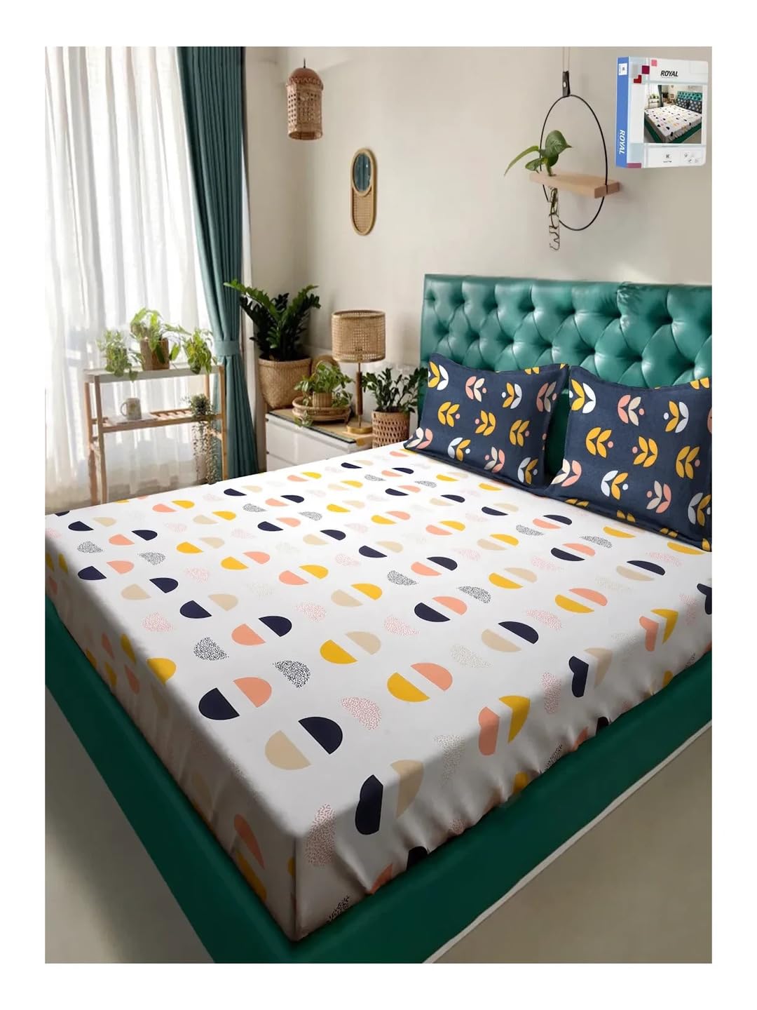 Klotthe White Geometric 300 TC Cotton Blend Double Bedsheet in Book Fold Packing