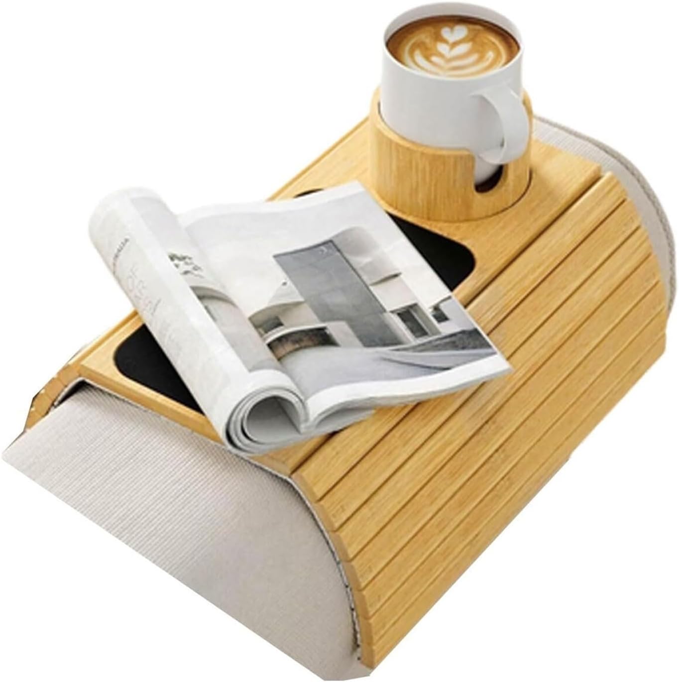 Foldable Bamboo Couch Arm Tray with Cup Holder, Adjustable Non-Slip Sofa Armrest Table for Drinks, Snacks, Phone, Remote, Space-Saving