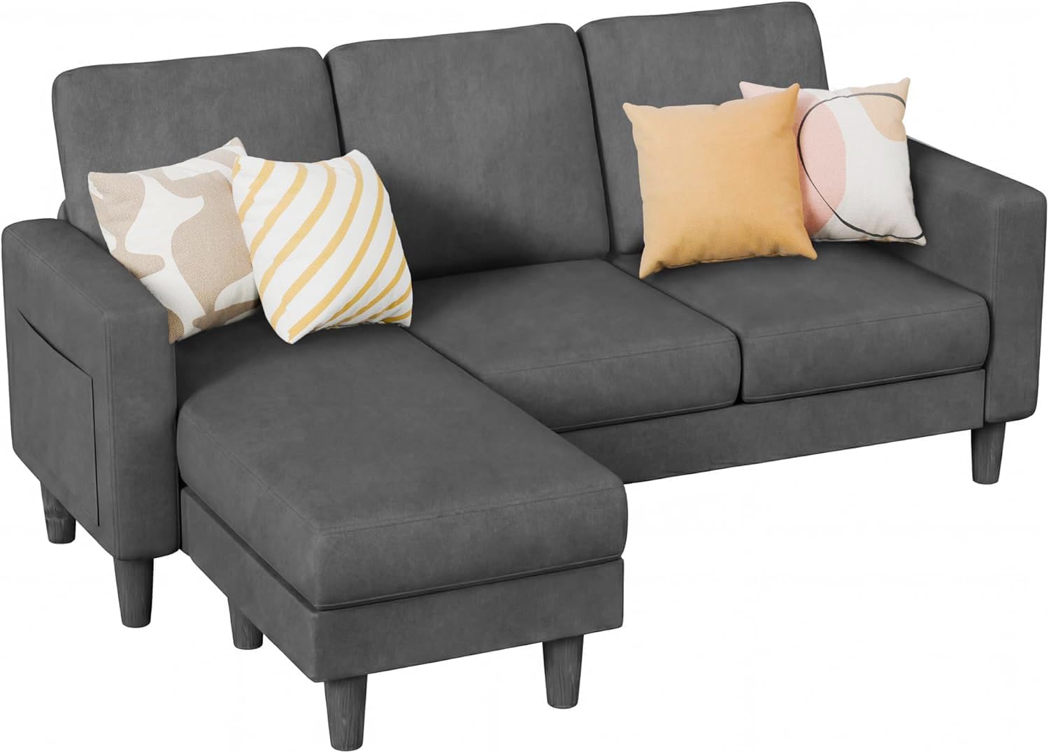Homall 3 Seat Couch L Shape Sofa with Side Storage Pockage, Sectional Couches with Reversible Ottoma, Upholstered Sofa for Living Room and Small Spaces (Linen Fabric, Graphite Grey)