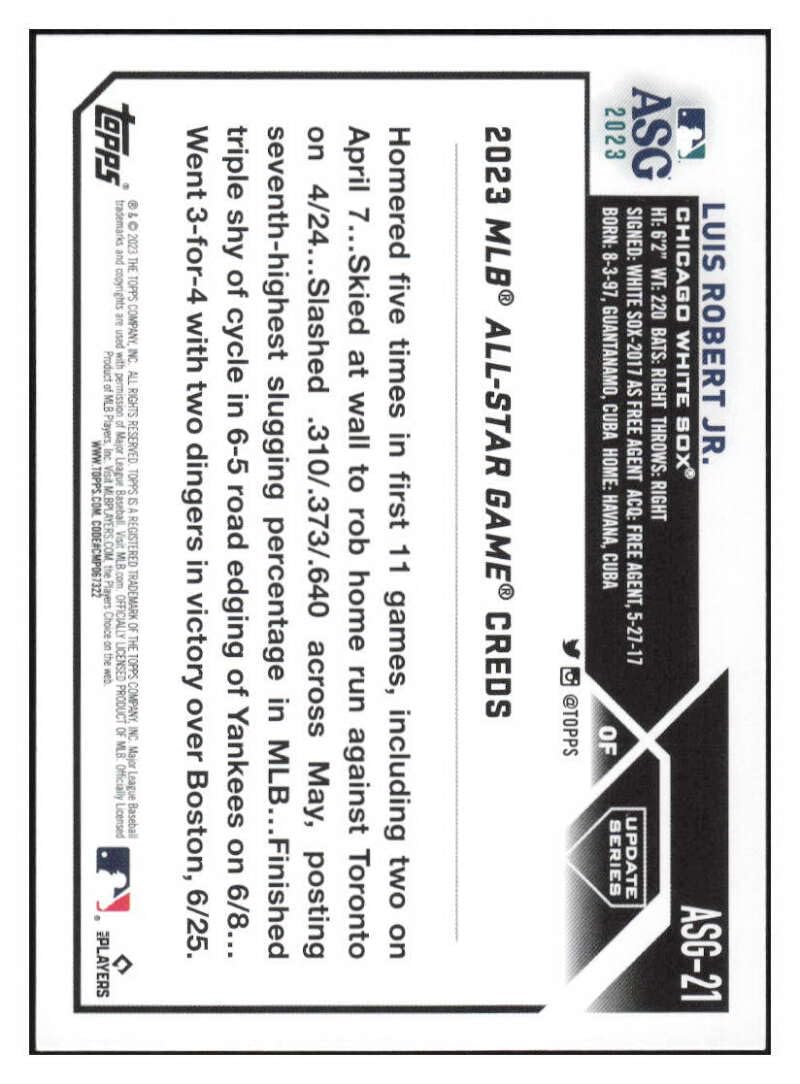 Amazon.com: LUIS ROBERT JR. 2023 Topps Update All-Star Game #ASG