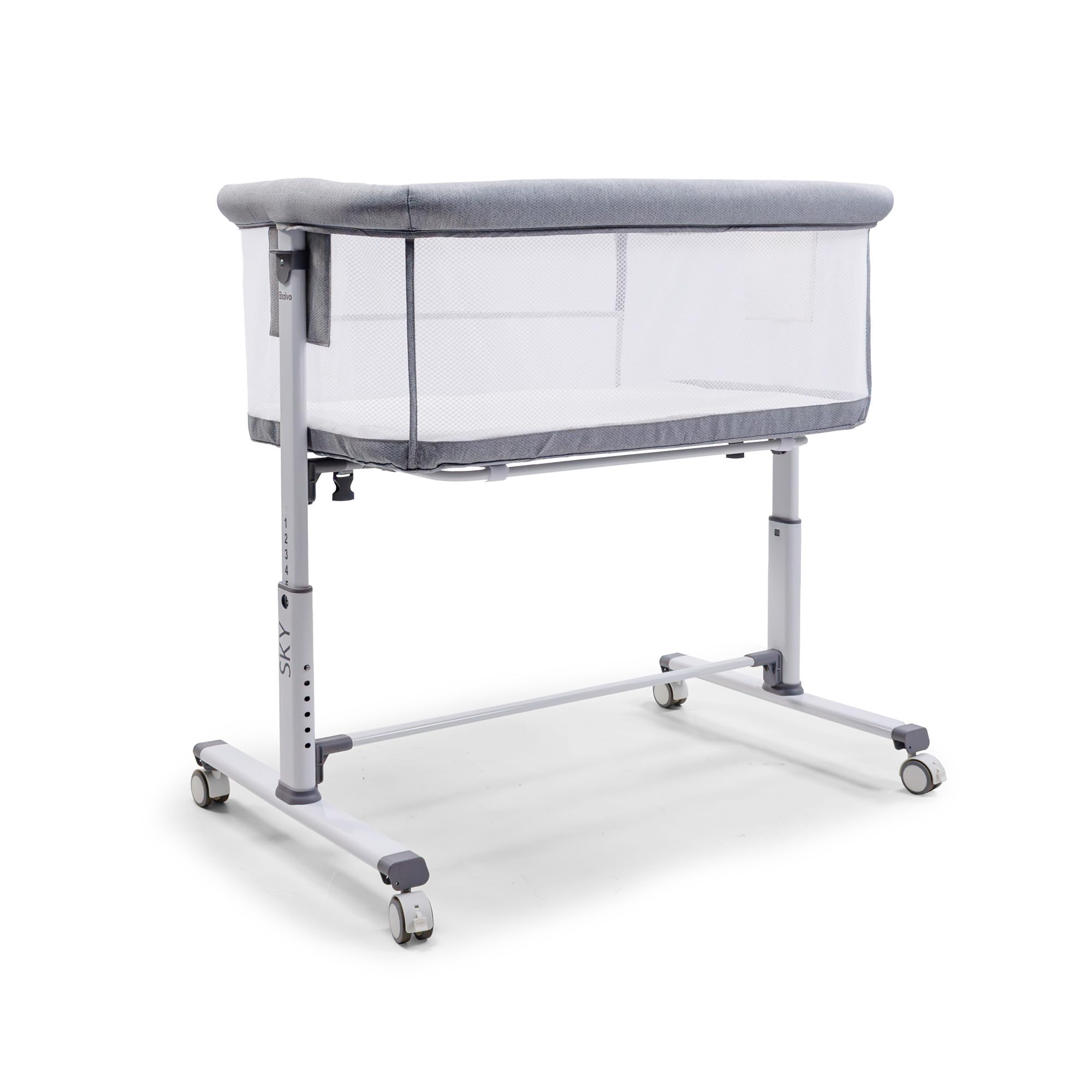 Minicuna de colecho lateral abatible | 6 alturas regulables, colchón incluido, malla transpirable 360º | Certificada EN 1130 y EN 16890 | Sky Gris Asalvo