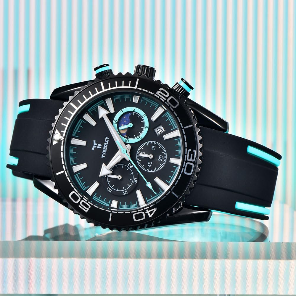 TYBERLEY Orologio da polso vintage da uomo, al quarzo, cronografo, con fasi lunari, cinturino in gomma, impermeabile, luminoso, casual, sportivo
