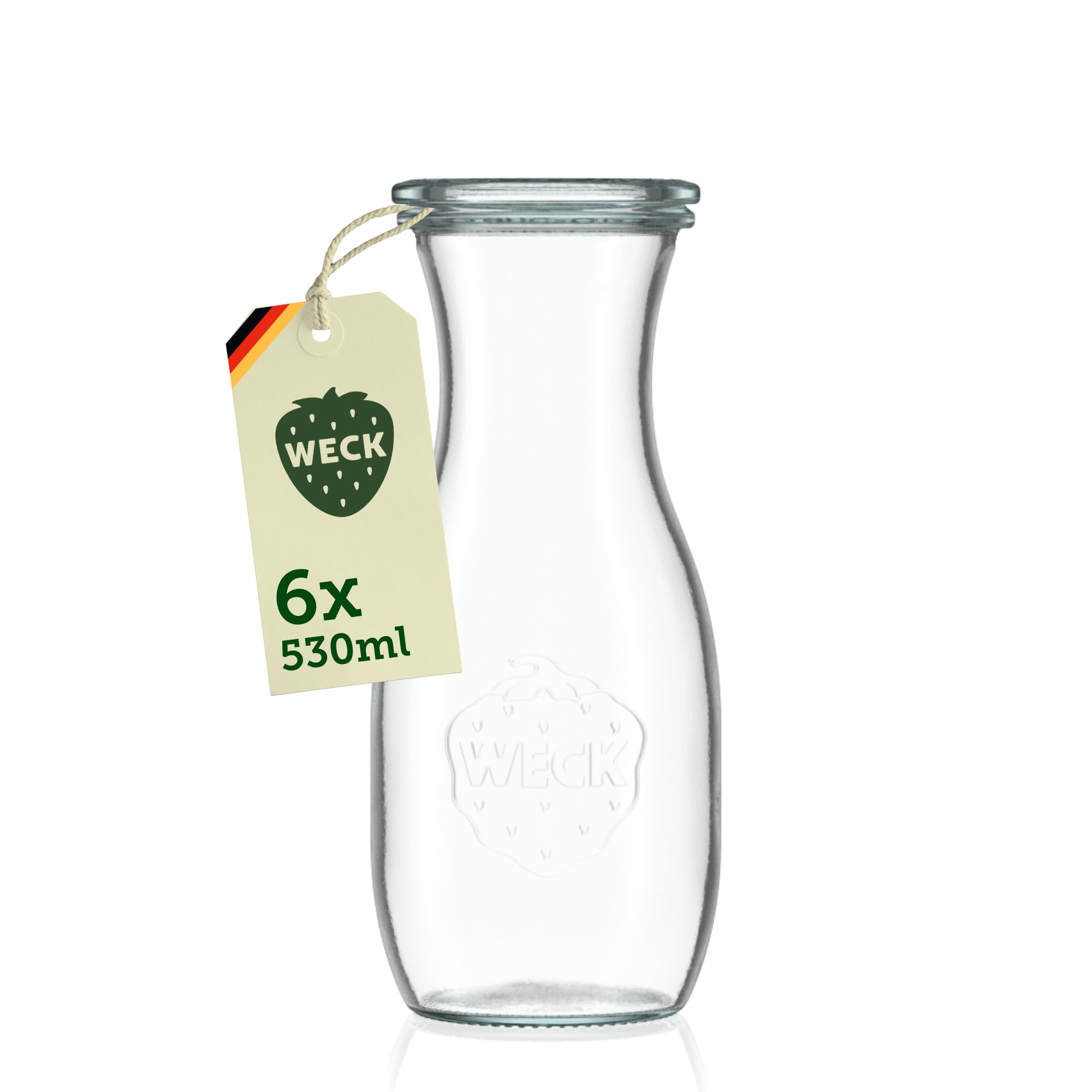Weck Glaskaraffe 500ml – 6er Set – Trinkflasche aus Glas mit Glasdeckeln zum Befüllen – als Wasserflasche, Glaskaraffe mit Deckel oder zum Einkochen & Verschenken