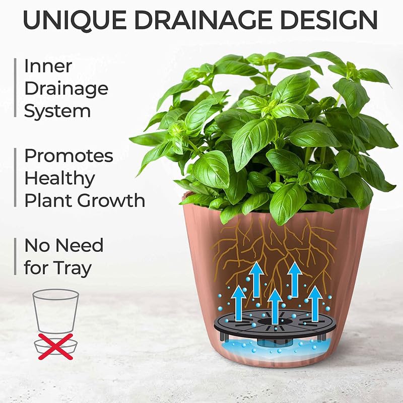 Image of StyleX Store Plastic Round Flower Pots with Drainage Hole Saucers | Durable Outdoor Indoor Wave Pattern Planters with Tray | Plant Containers for Balcony, Garden, Office, and Home (Set of 5, Pink)