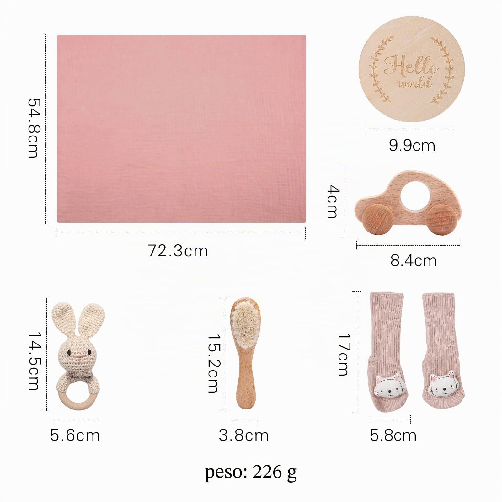 Youuys 7 Pezzi Regalo Set per Neonato, Regalo per Bambino e Bambina, Asciugamano da Bagno, Sonaglio, Giocattolo in Legno, Cartoline, Calzini, Spazzola, Baby Shower (Coniglio Beige)