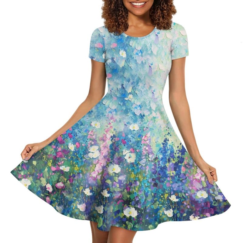 Image of Irisjudy T Shirt Dress for Women Short Sleeve Girls Short Sleeve Dress Plus Size, O Neck Knee Length Midi Dress for Ladies