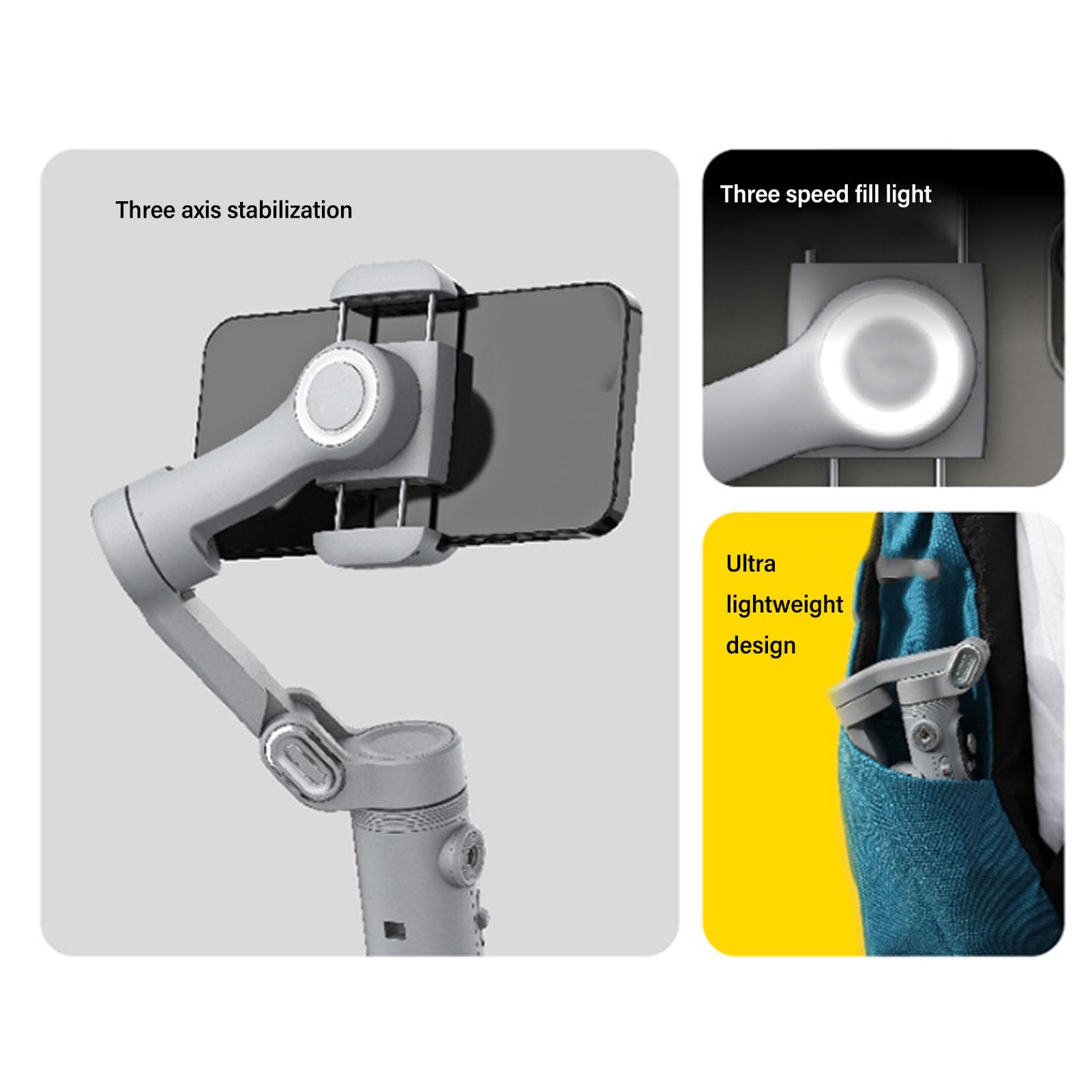 Chrees Stabilisateur de Téléphone Pliable, Cardan pour Smartphone Portable avec Batterie 2550 MAh, Temps de Travail de 7 à 9 Heures, Molette de Mise au Point, Poussoir de Zoom pou