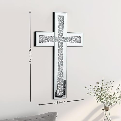 Miniatura 3 de Aeveco Espejo de cruz plateada para decoración de pared, cruz de espejo de diamante aplastado de cristal para sala de estar, dormitorio, decoración