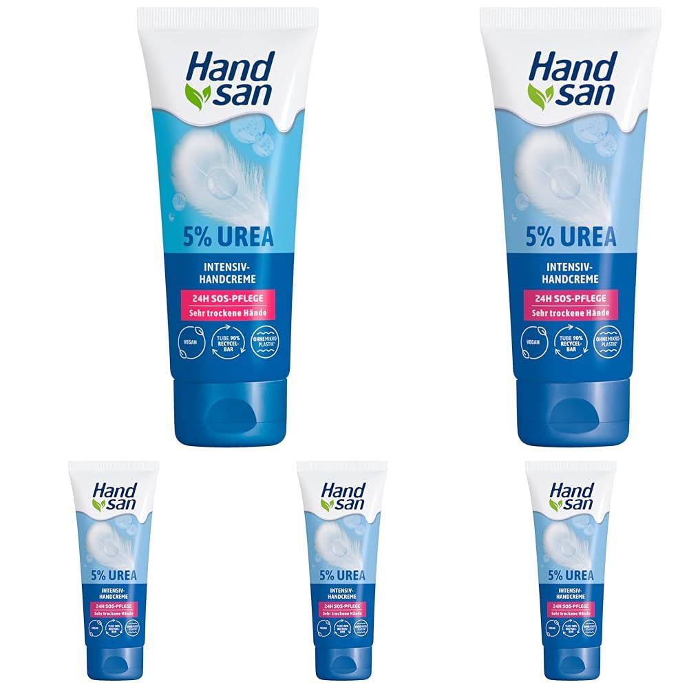 Handsan Urea Intensiv Handcreme | mit 5% Urea | Feuchtigkeitsspendend & schnell einziehend | für sehr trockene und strapazierte Hände | 90ml (Packung mit 5)
