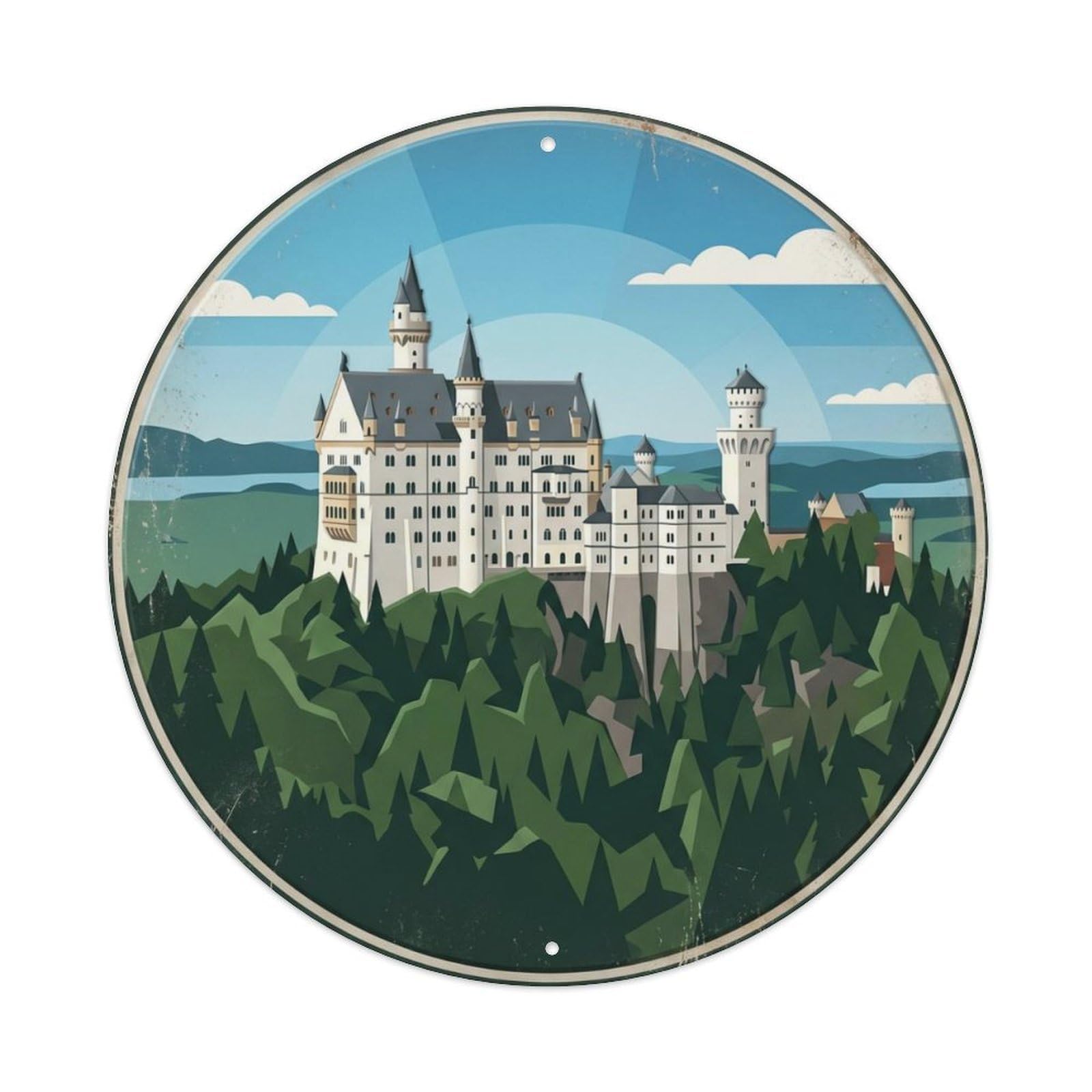 Neuschwanstein Fairytale Castle Travel 1 Metal Tin Sign Plaque Wall Decor for Cafe, Club Bar, Office, Home Garden Round Metal Poster 8x8Inch