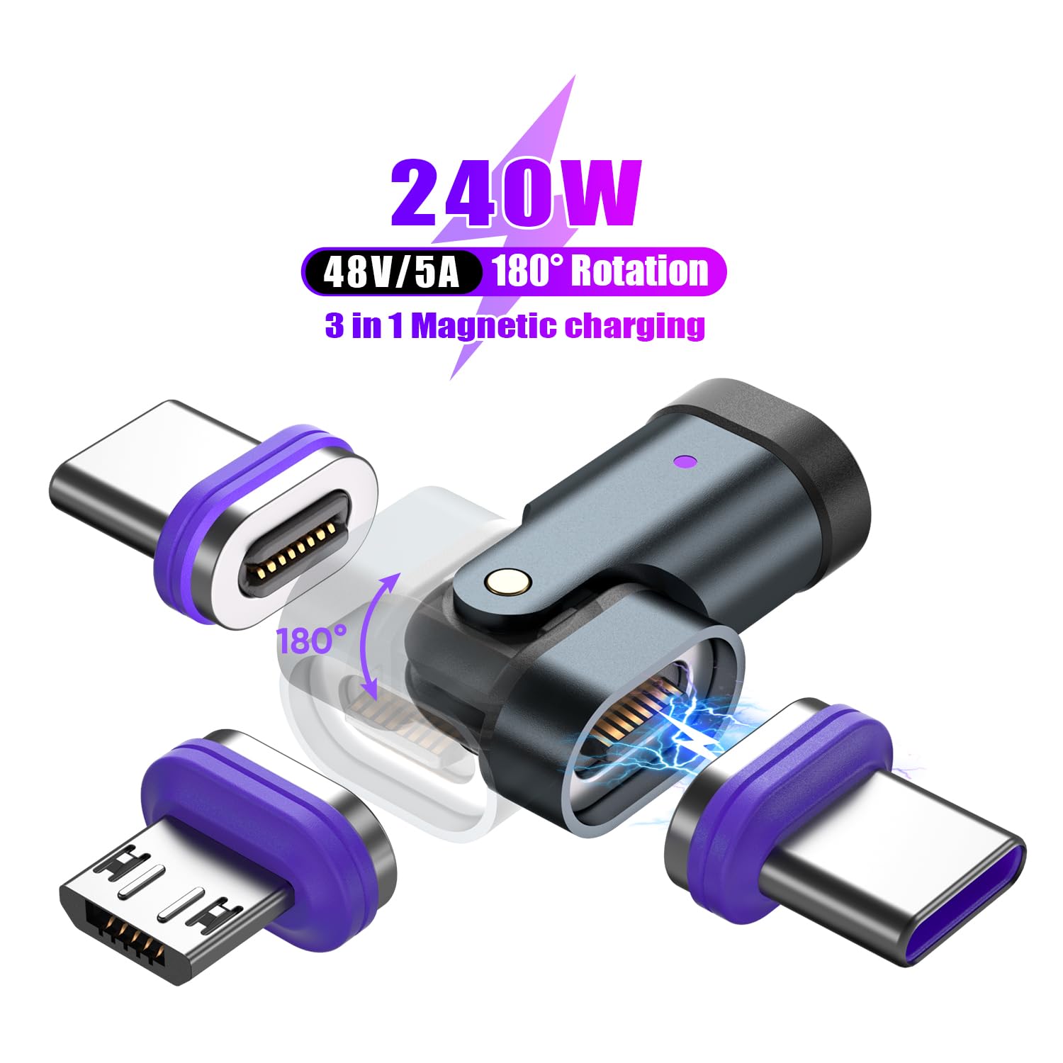 PD 240 W 16-pinowy adapter magnetyczny USB C, złącze micro USB, obracanie o 180 stopni, urządzenie ładujące USB i transmisja danych do smartfona, notebooka (końcówki magnetyczne USB C, 3 sztuki)