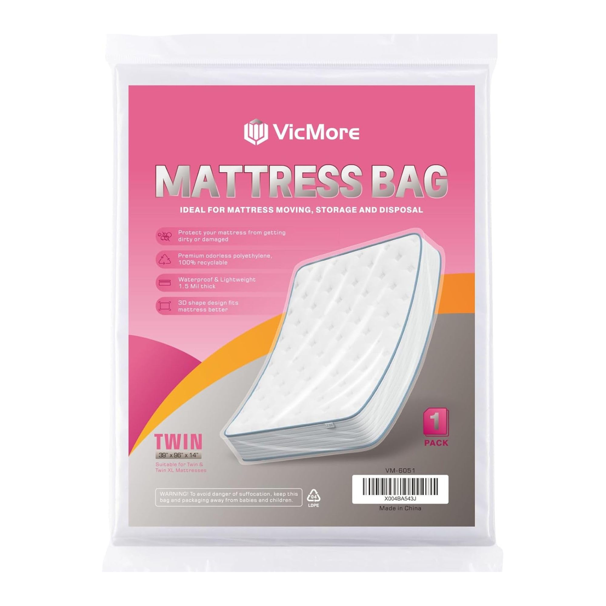 VICMORE Twin Mattress Bag for Moving, Storage & Disposal– Clear Plastic Cover Fits Twin & Twin XL Beds, Durable & Recyclable
