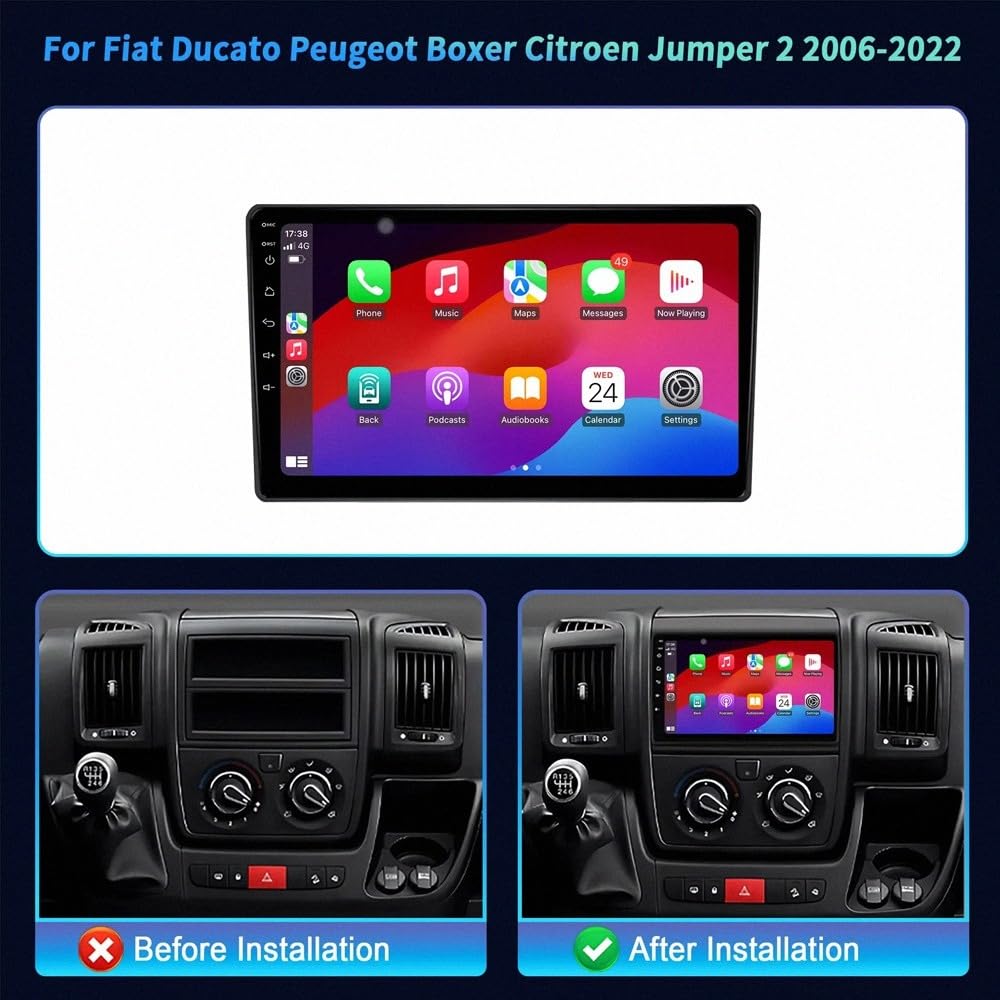 System Audio Dla Apple Carplay I Android Auto dla Fiat Ducato Citroen Jumper 2 2006-2022 Przenośny Ekran Dotykowy Apple Carplay, Nawigacja Gps/Sterowanie Głosowe/Mirror, 8 Rdzeń 8G+256G