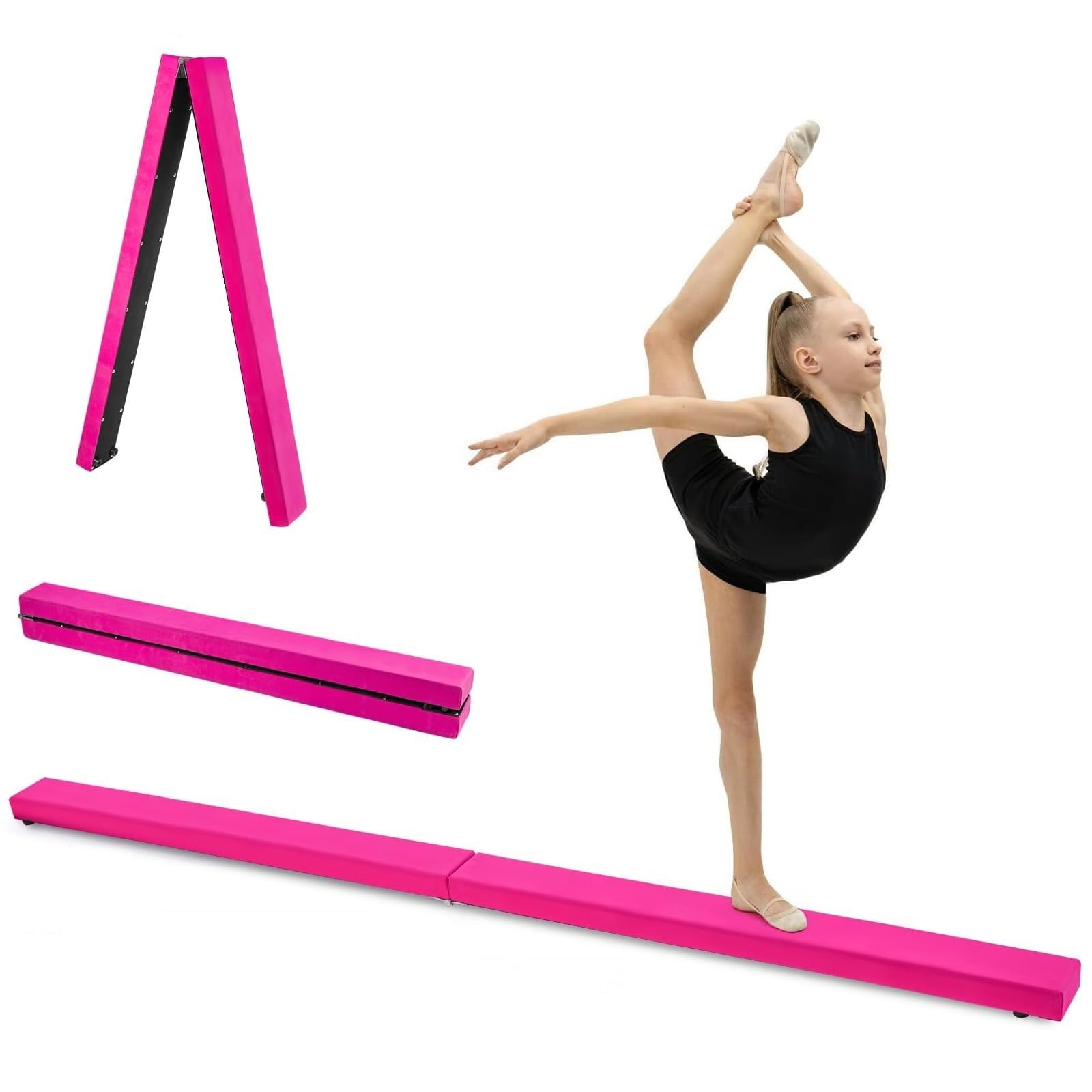 Holdfiturn 7FT 2.1M Folding Gymnastic Balance Beam - Ideal for Kids Training Home Gym Exercise Beginner to Pro, Non-Slip Surface (Pink)