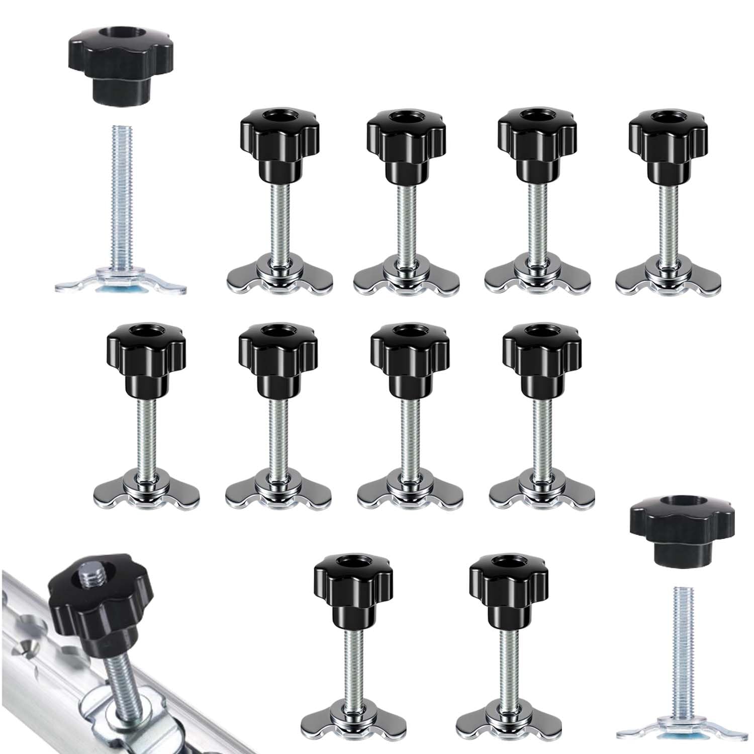 Fixations à vis M8x60 pour Rails d'arrimage, 12 pièces, Noir | fixations à vis avec poignée en étoile pour rails d'arrimage, accessoires pour camping-cars