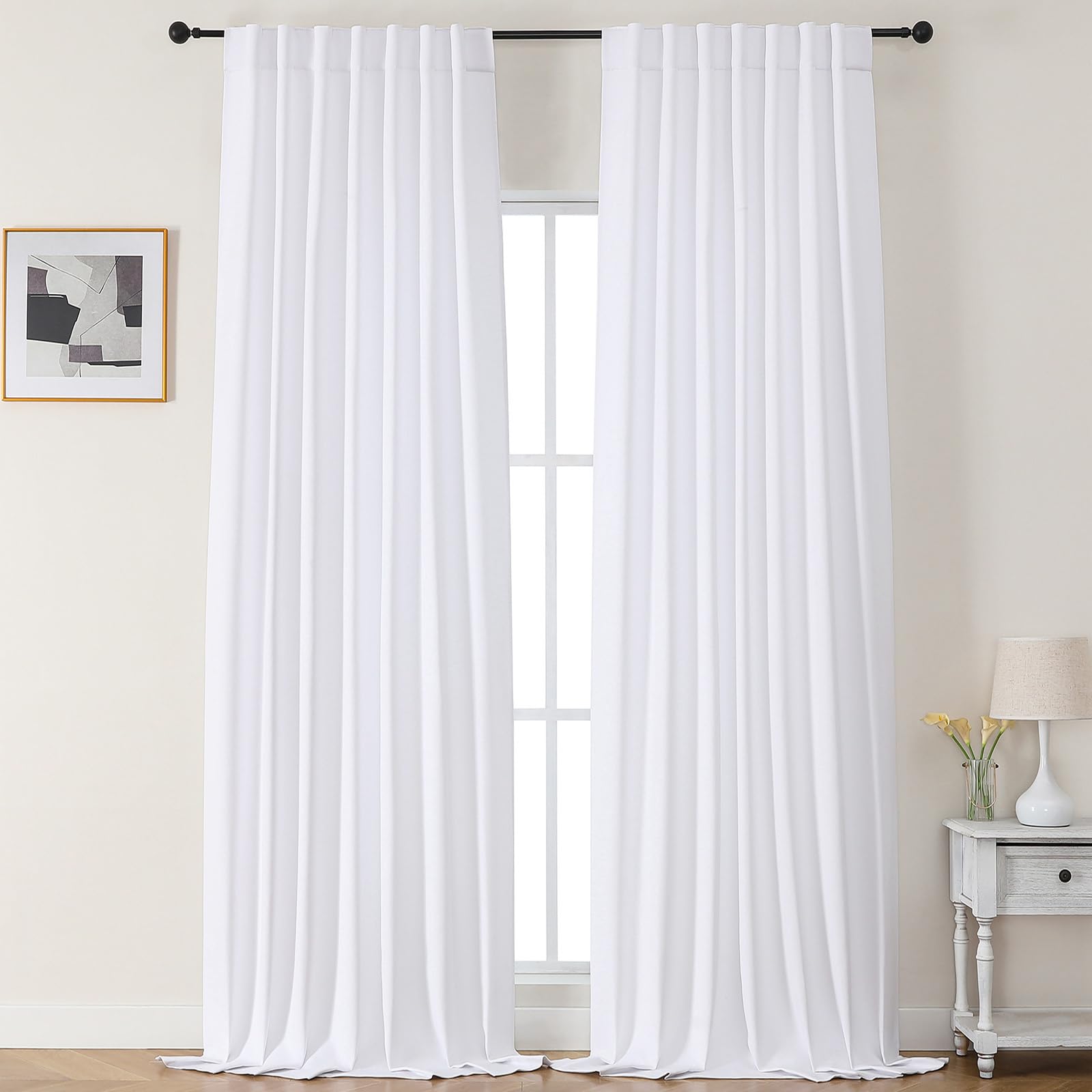 Chyhomenyc Pure White Curtains for Bedroom 120 Inch Length 2 Panels, Solid Light Filtering Thermal Insulated Noise Reducing Window Treatment, Modern Rod Pocket Back Tab Curtains, 52Wx120L, 10FT