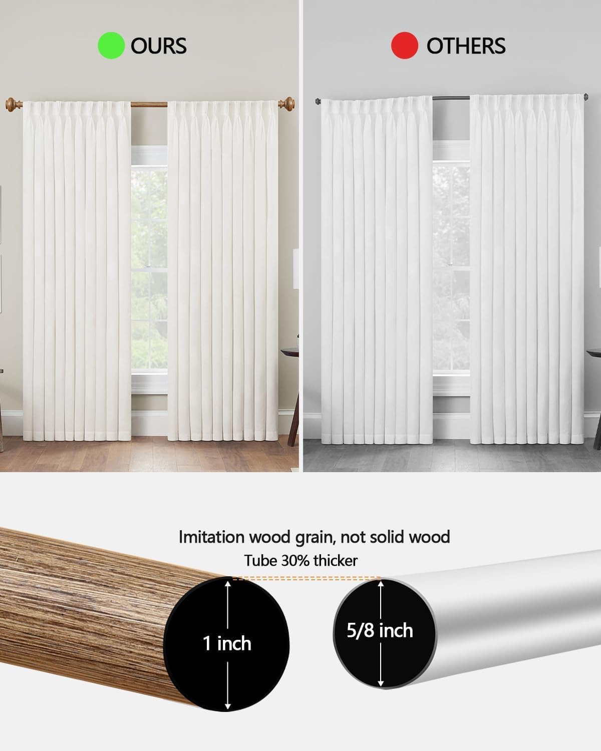 Bastoncini per tende in legno per finestre da 72 a 344 pollici, lunghi 1 pollice, asta per tende boho regolabile, asta per tende a finestra singola decorativa rustica