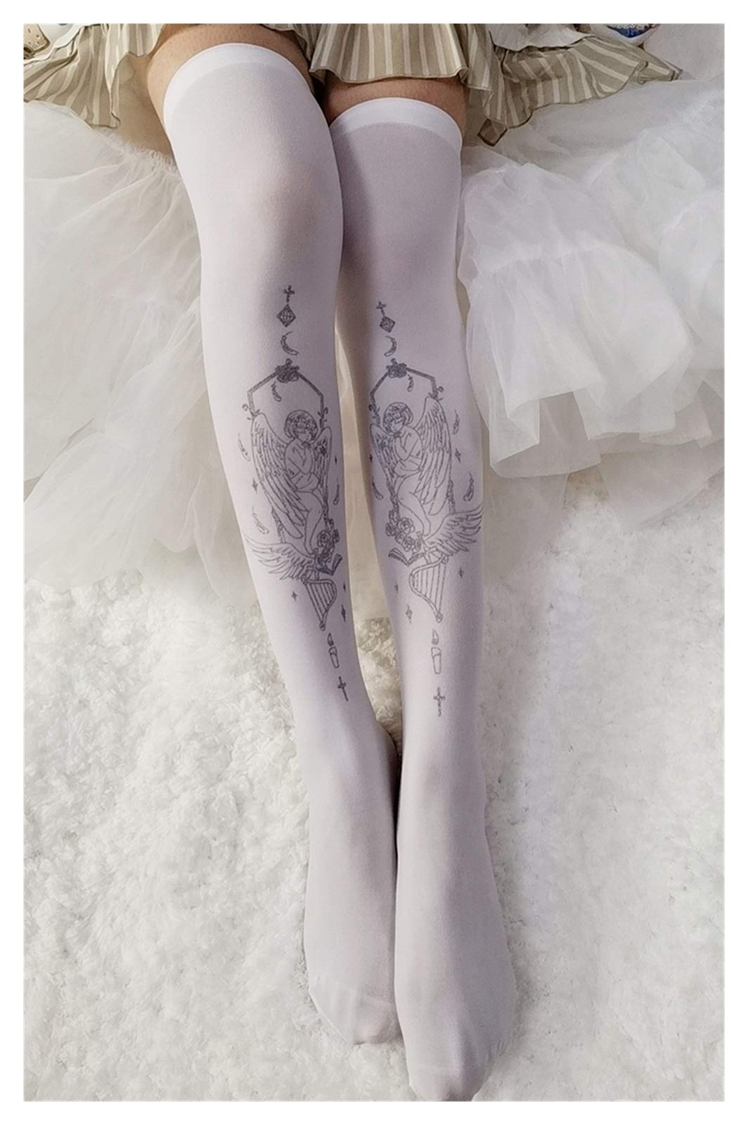 La Rodilla Original de Estampado de Calor de Verano de Lolita - Calcetines Impresos de Alta Calcetines Lolita Angel Muslo Cálida (Color : Version B)