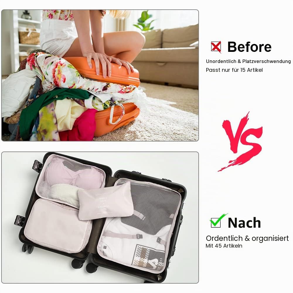 OSDUE Koffer Organizer Set 8-teilig, Packing Cubes, Wasserdichte Reise Kleidertaschen, Packtaschen für koffer, Verpackungswürfel mit Kosmetiktasche, Schuhbeutel, USB Kabel Tasche (Beige)
