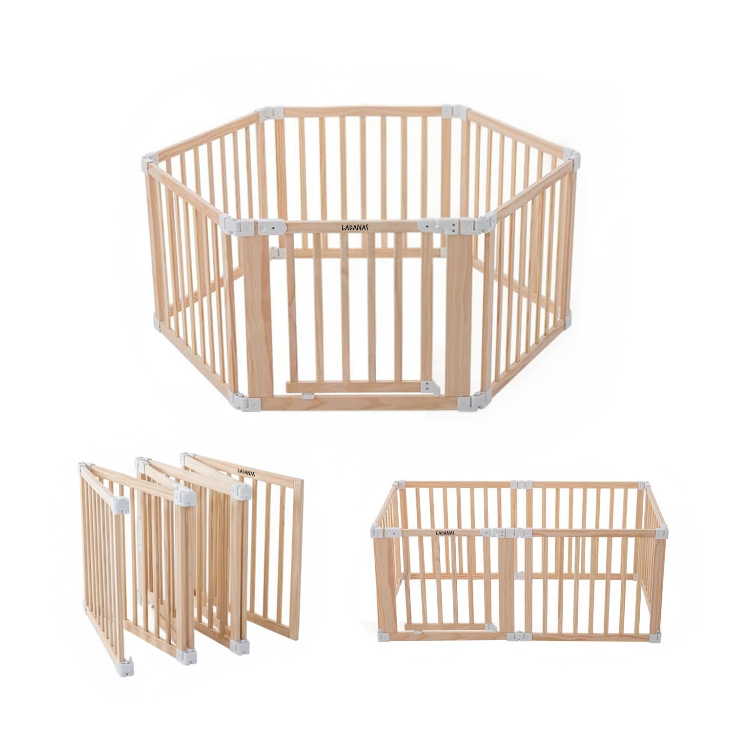 Parc bébé pliable en bois naturel 152x76 cm avec porte sécurisée et ventouses antidérapantes, parc modulable pour bébé et enfant, grande aire de jeu stable pour maison