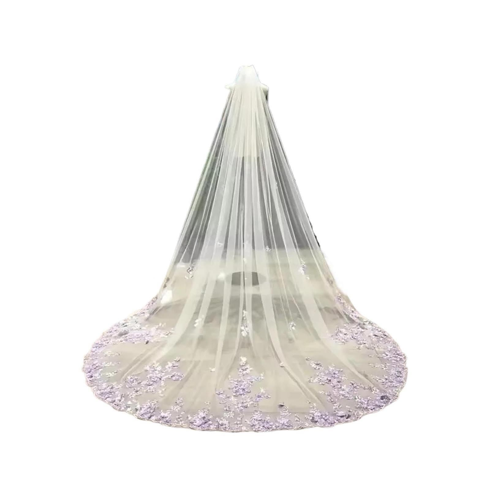Veli da sposa con perle viola fiori 3D a pettine