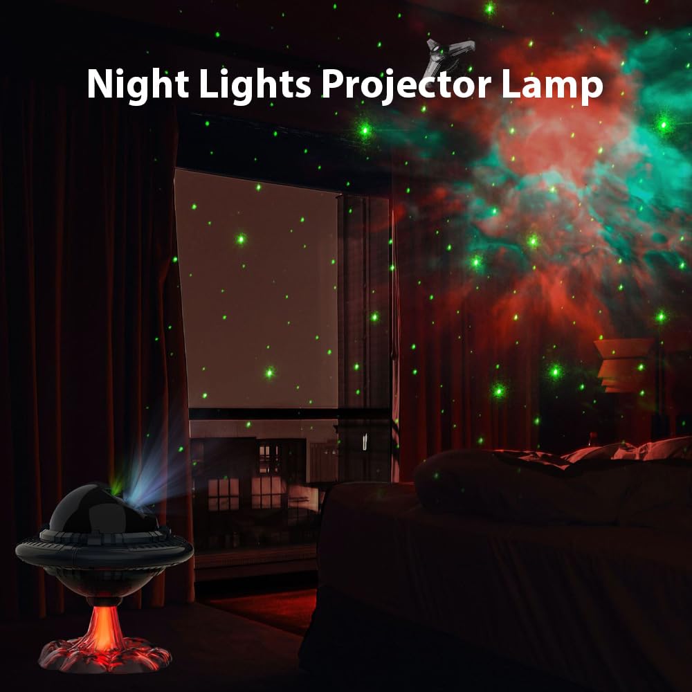 Luces nocturnas proyector de estrellas con forma de platillo volador con control remoto, 2 modos de temporización, lámpara LED, diseño OVNI, proyección de atmósfera para el hogar, dormitorio, sala de