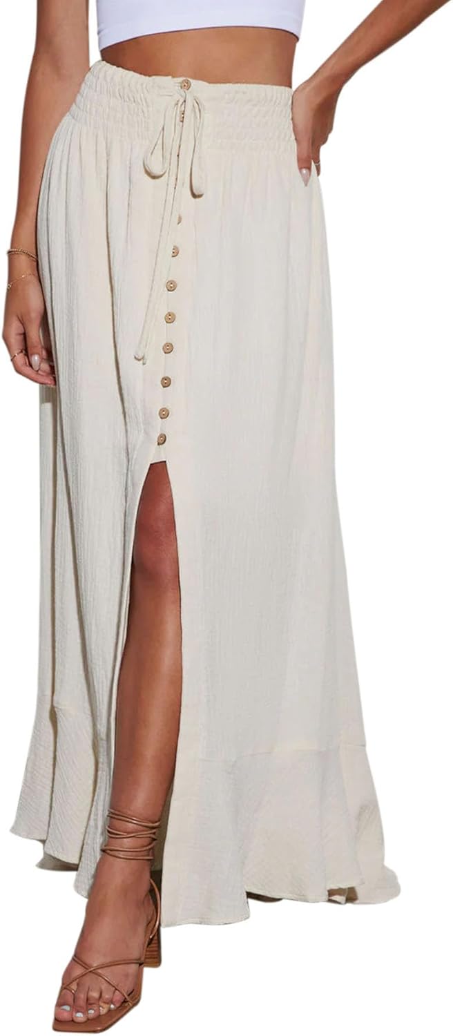 Minclouse Women's Elastic Tie Waist Button Down Maxi Skirts Casual Loose Flowy Swing Slit Front Dress