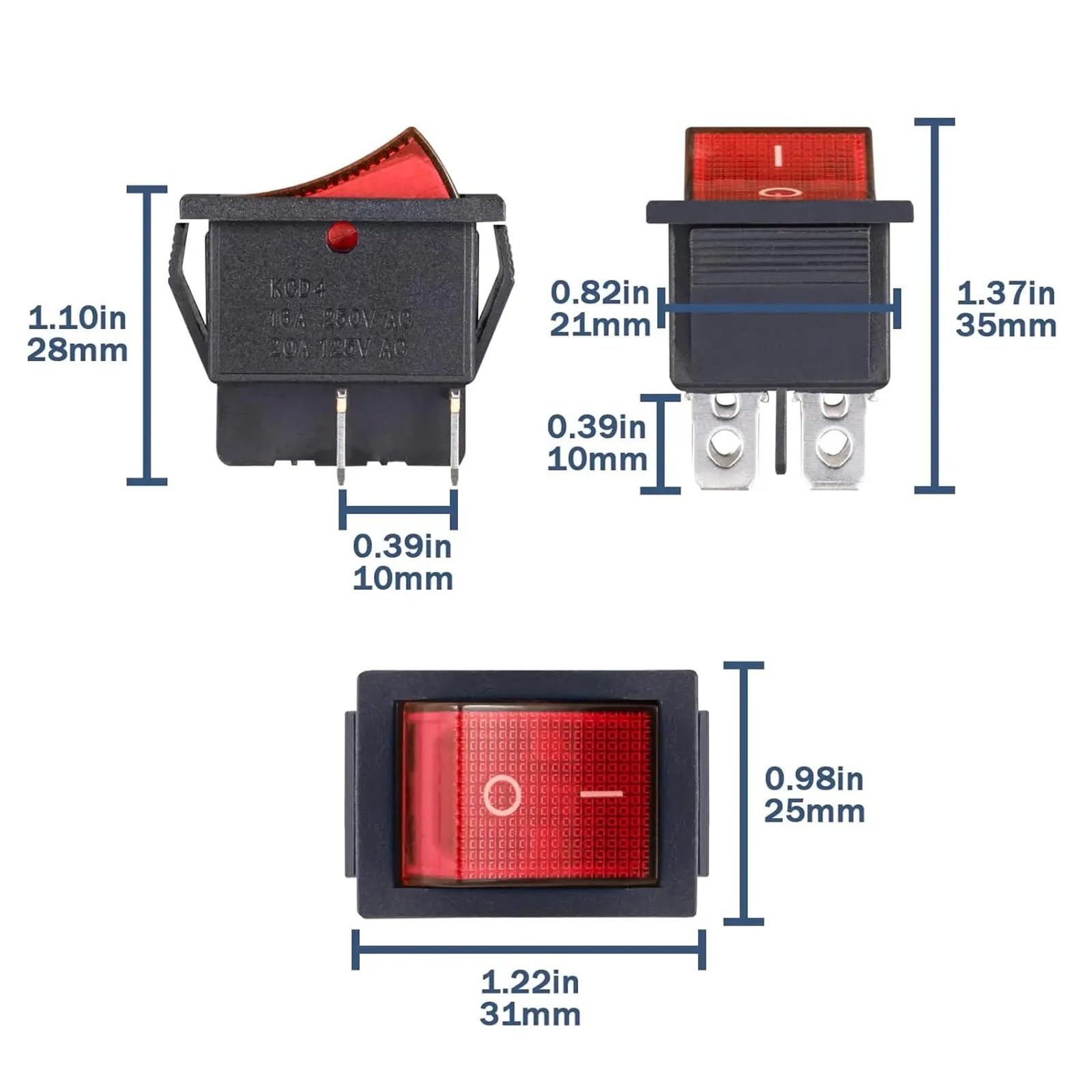 Interruptor basculante KCD4 de 4 pines, 2 posiciones, DPST, encendido y apagado, negro, 20 A, 125 V CA, 16 A, 250 V CA, con palanca cuadrada a presión, 30 unidades(Mix)