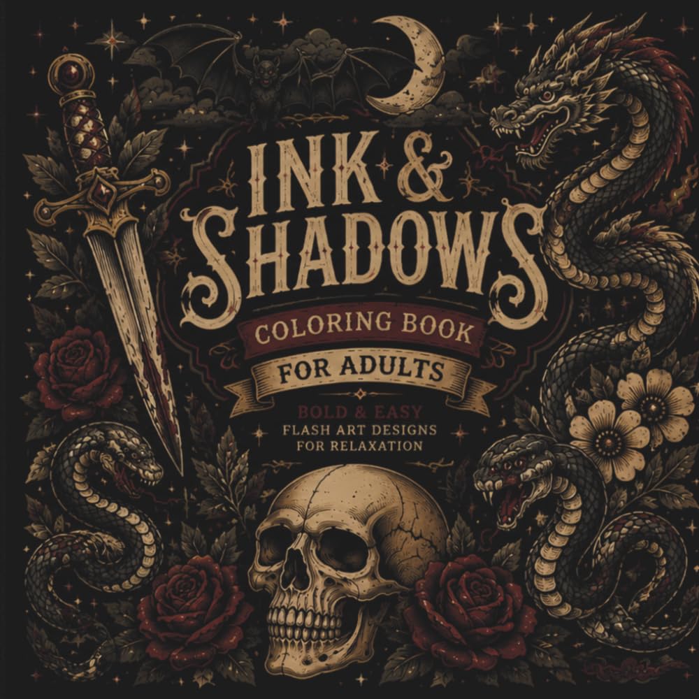 Tattoo Coloring Book for Adults: Bold and Easy Flash Art Designs for Relaxation Featuring Skulls, Flowers, Daggers, Dragons and Gothic Ink Pages