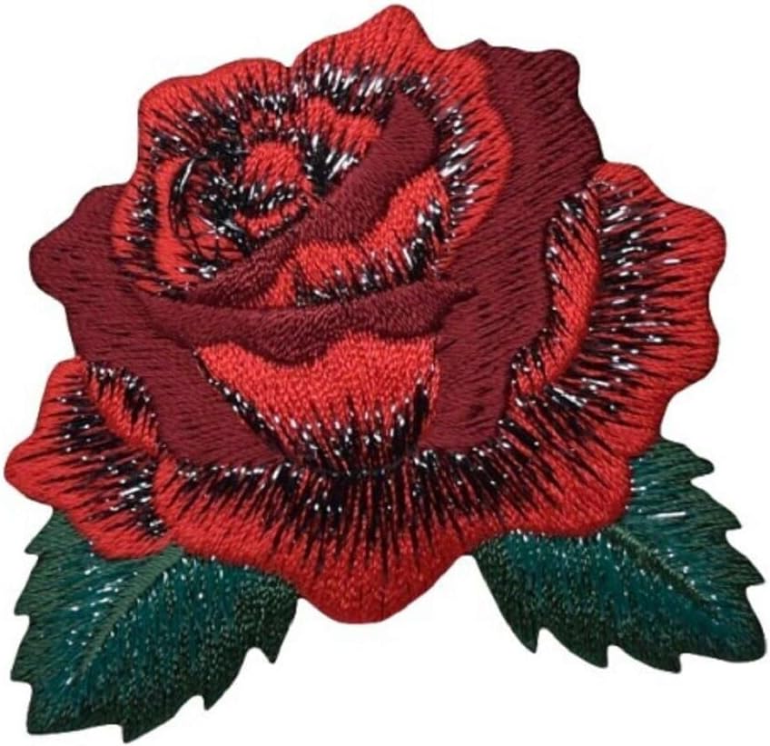 Red Rose Applique Patch - Leaves, Flower Bud 2-5/8" (Iron On) Embroidered Iron on Patch Sew On for Clothing Applique for Jackets, Hats, Backpacks Repair Patches for Craft