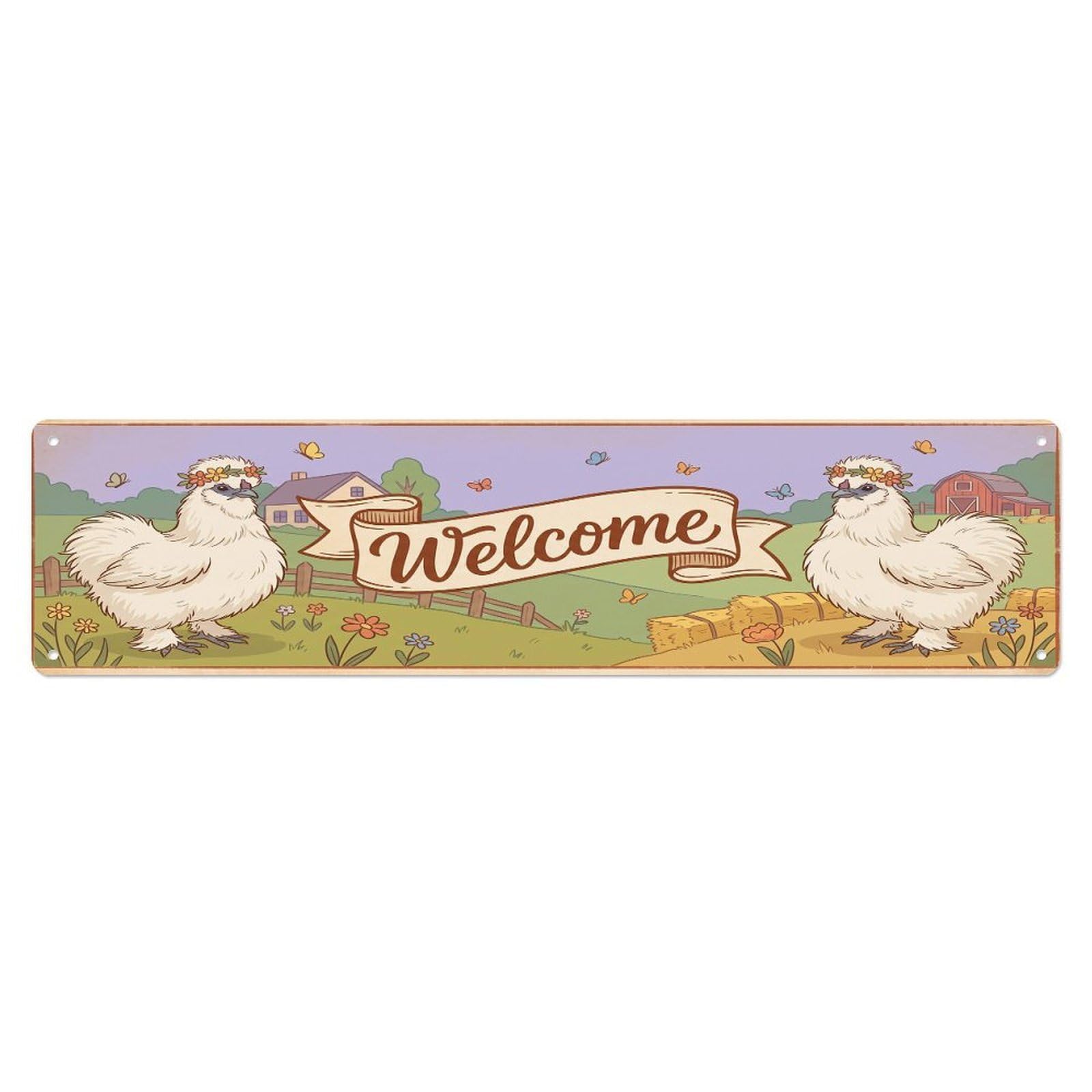 Olhnbad 4X16inch(10X40cm) Vintage Welcome Silkie Chicken Metal Tin Sign