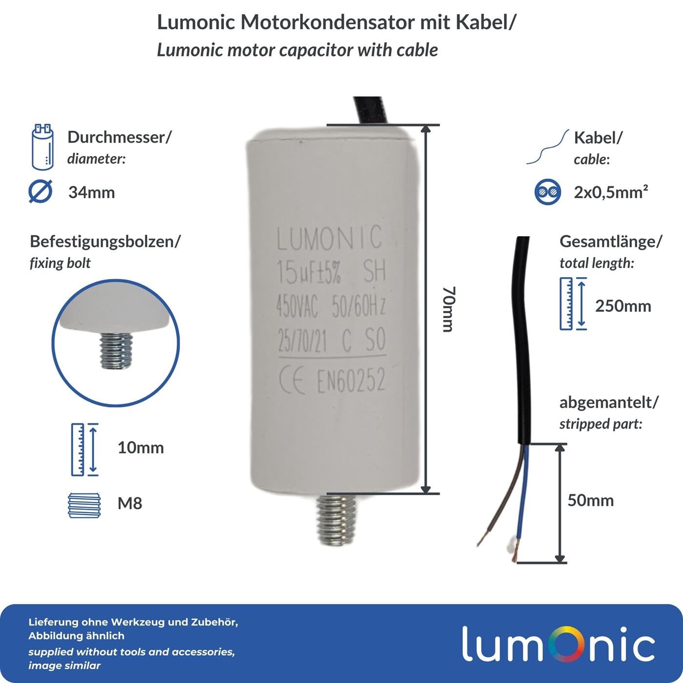 Lumonic Kondensator rozruchowy 15µF 450V | z Kabel I 34x70mm I 15uF I Kondensator silnikowy z plastikowa obudowa I Kondensator operacyjny I do pomp, kosiarek, narzedzi