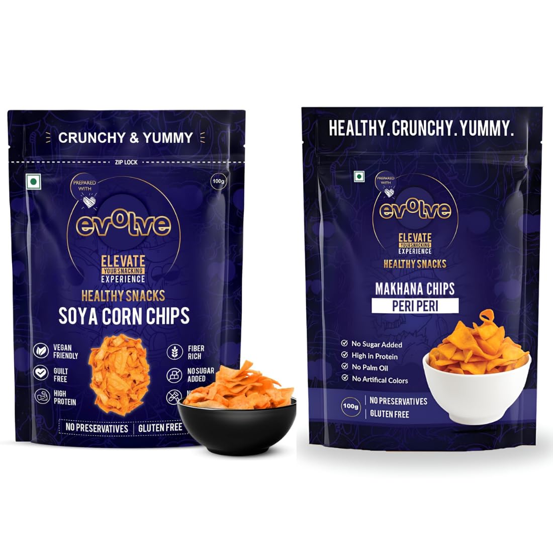 Evolve Soya Corn & Makhana Chips Peri Peri | Light & Crispy, high protein | Natural ingredients, No Palm Oil, No Artificial Preservatives, Trans Fat Free, Low Calorie | 200g - Pack of 2 (100g each)-image-8