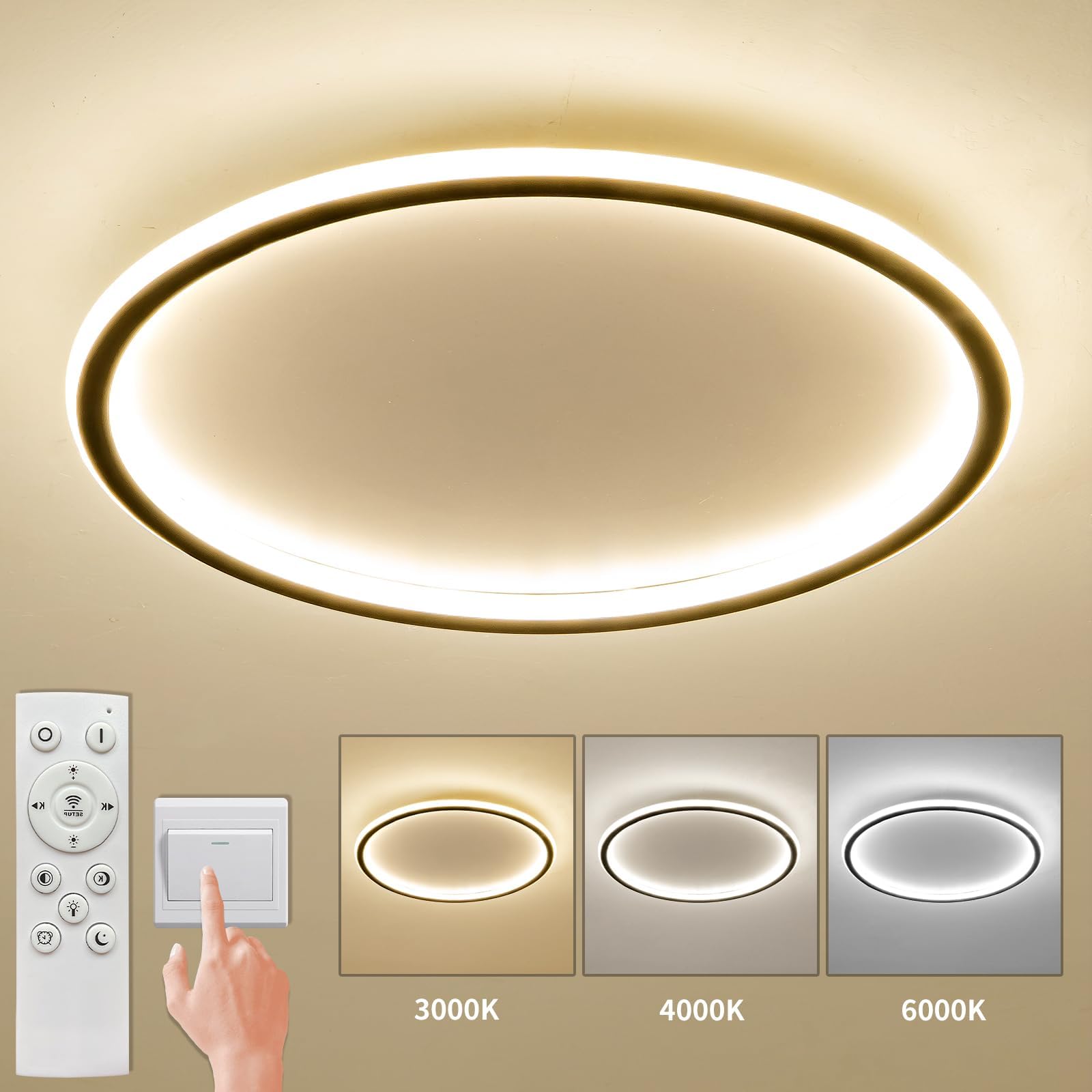 Mikeru 40CM LED Deckenleuchte Rund, LED Ring Deckenleuchten 10% bis 100% Dimmbare Decken Lampe 3000K/4500K/6500K Einstellbare Badezimmer Decke Licht für Wohnzimmer, Flur, Treppenhaus, Küche