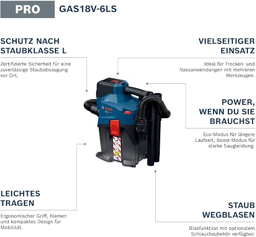 Bosch PRO 18V System Cordless Vacuum Cleaner GAS18V-6LS (incl. Flexible Hose, Elbow Pipe, Crevice Nozzle, Floor Nozzle, PT Adapter, Tubes, Fleece Bag) - 2