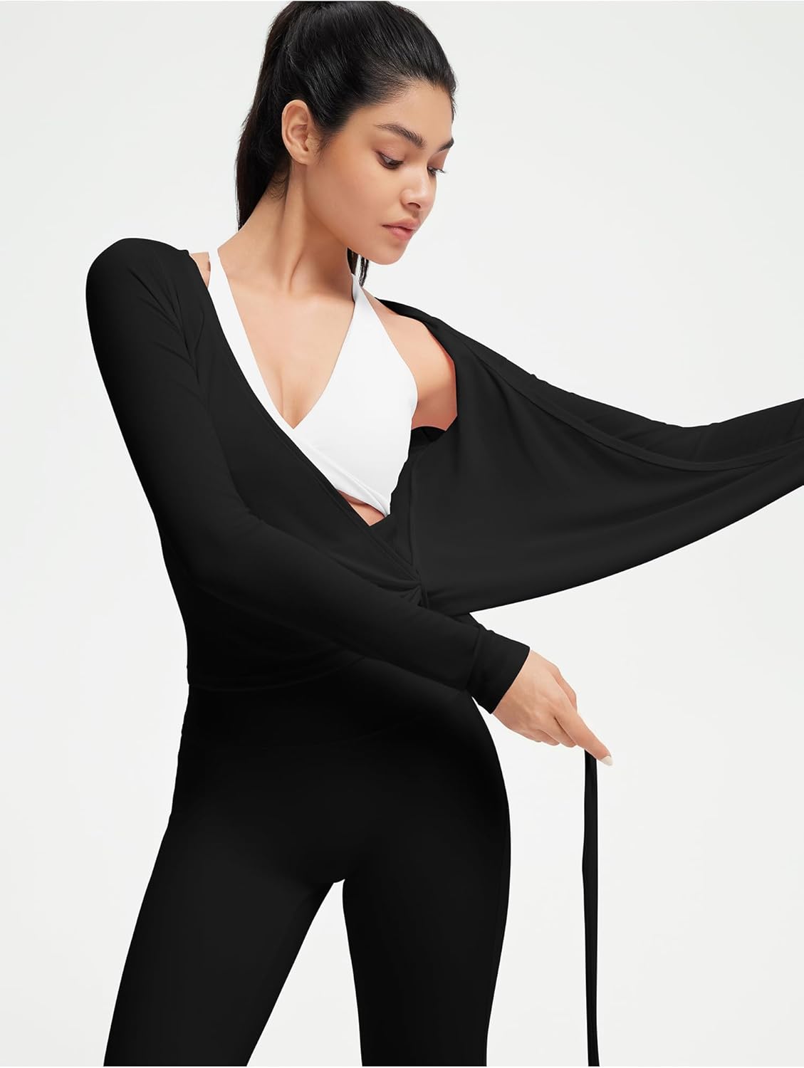 SUUKSESS Women Pilates Wrap Workout Cropped Top Ribbed Long Sleeve V Neck Tie Front Ballet Yoga Shrug Blouse - Image 3