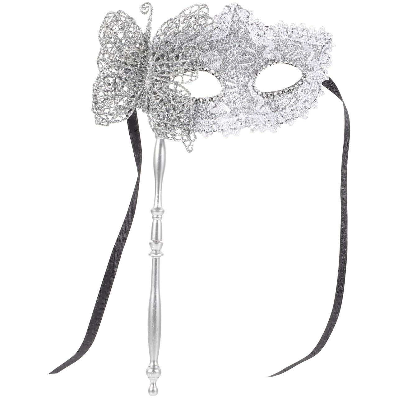 MAGICLULU Masquerade Mask with Stick for Women/Men Handheld Gras Mask for Prom Ball Halloween Gras （Silver）