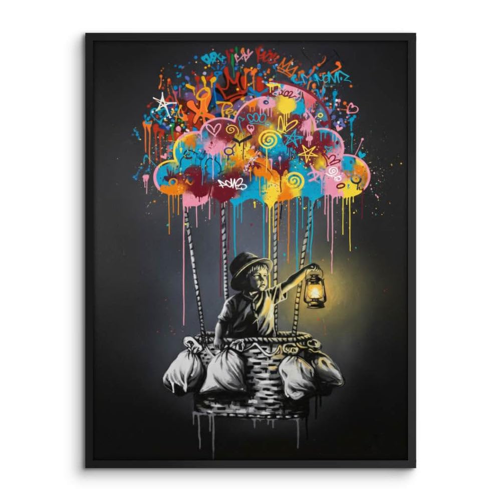 CANVEO Banksy Bilder Leinwand | Graffiti Poster Banksy Leinwand | Bild Wohnzimmer groß | Bild Schlafzimmer über Bett | Wandbilder modern mit Rahmen | xxl Bilder Flur Wanddeko