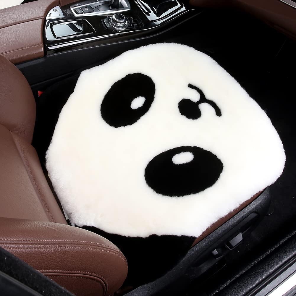 Genuine Sheepskin Car Seat Cushion Seat Covers for Cars Trucks SUV Comfort Seat Protector Pad for Car Driver Seat Car Accessories for Women Office Chair Car Decor (Panda, Front Seat Cushion-1 Pc)