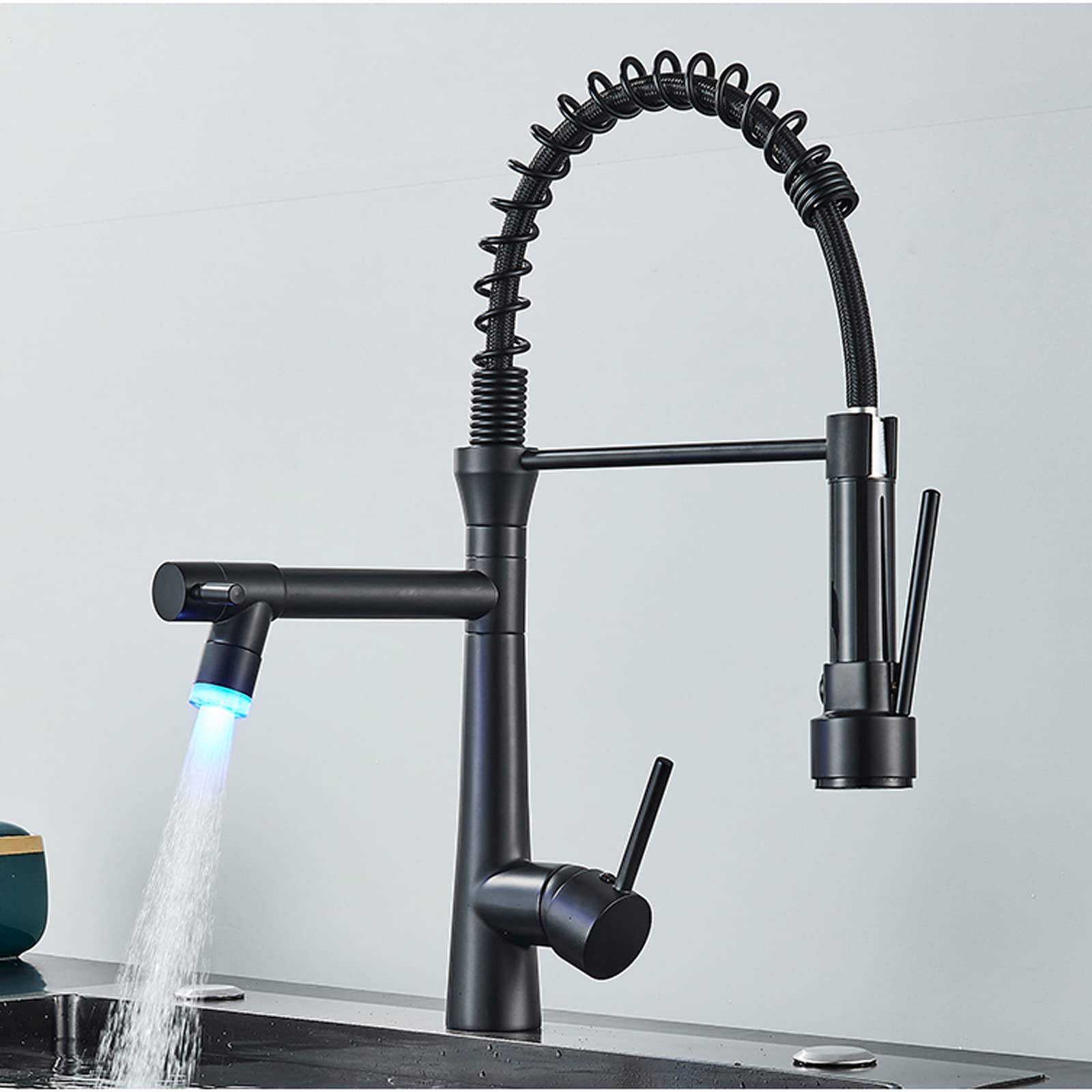Rubinetto da Cucina Nero con doccetta Estraibile, Rubinetto in Ottone Massiccio, Maniglia Singola a Molla, Luce LED per lavello Commerciale, per lavello, Tipo 2