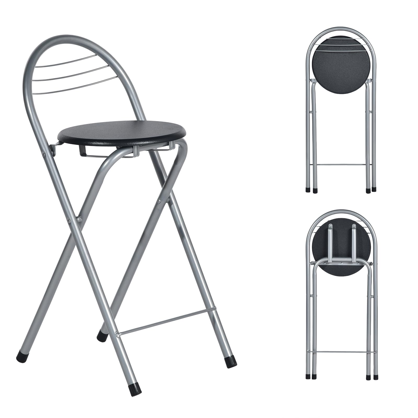 Barhocker Klappbarer, Barhocker mit Lehne, Keine Montage Erforderlich, Tragbarer Outdoor, Geeignet Für Küche, Bistro, Geschäft, Veranstaltungen im Freien (Schwarz und Silber)