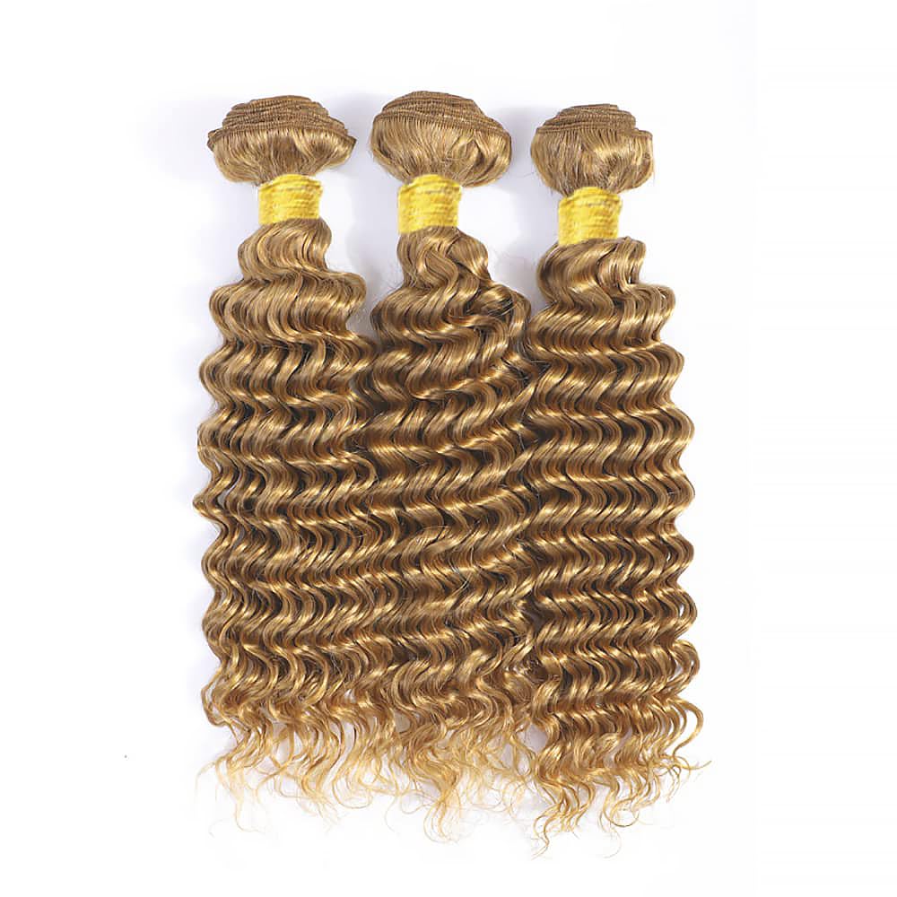 Color #27 Blonde Human Hair Bundles Honey Blonde Deep Wave 3 Bundles Human Hair 12 14 16 Inch 50G Double Weft Grade 12A Unprocessed Virgin Remy Hair Extensions 50g Per Bundle