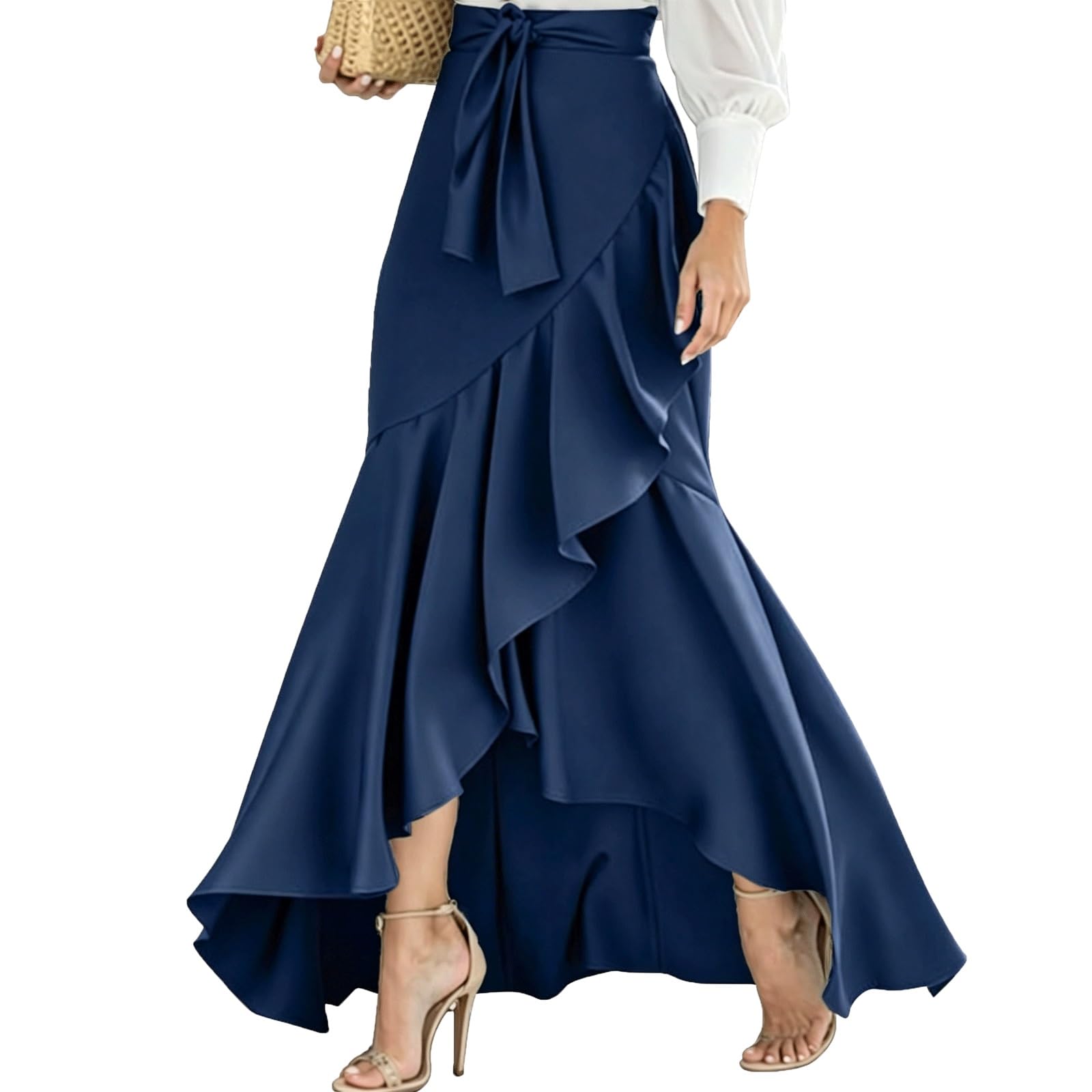 A-line Midi Long Skirt Belt Women's Maxi Skirts Irregular Design(Blu,Lagre)