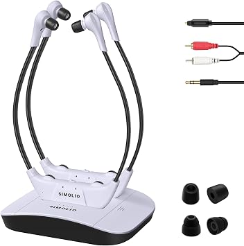 SIMOLIO Dual Wireless Headphones for TV Watching with Spare Battery for Seniors and The Elderly, Tone and Balance Control, Ambient Sound Listener, 164 ft Work Range, No Audio Delay, SM-824D2